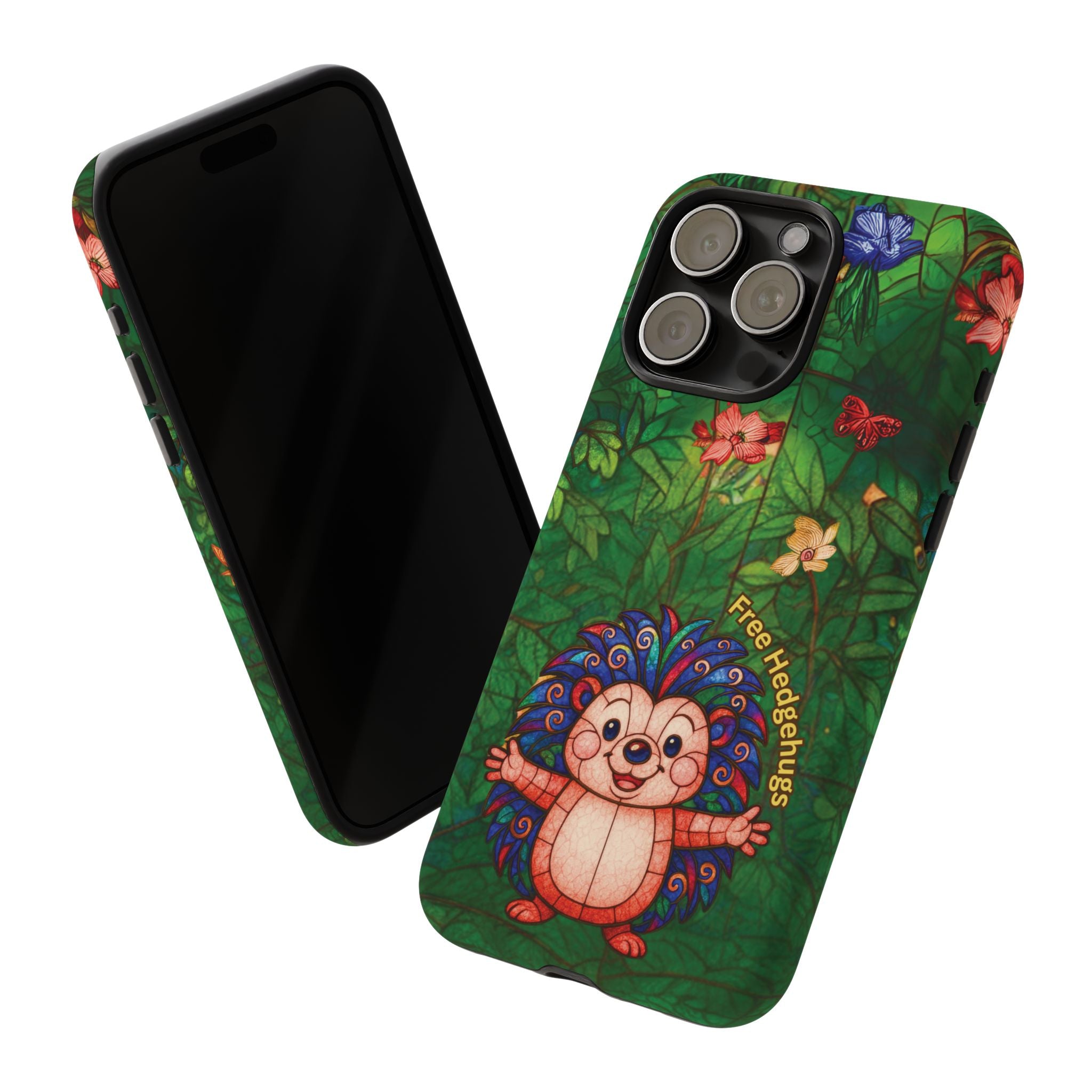Stained Glass Hedgehog Phone Case – "Free Hedgehugs" Floral Design