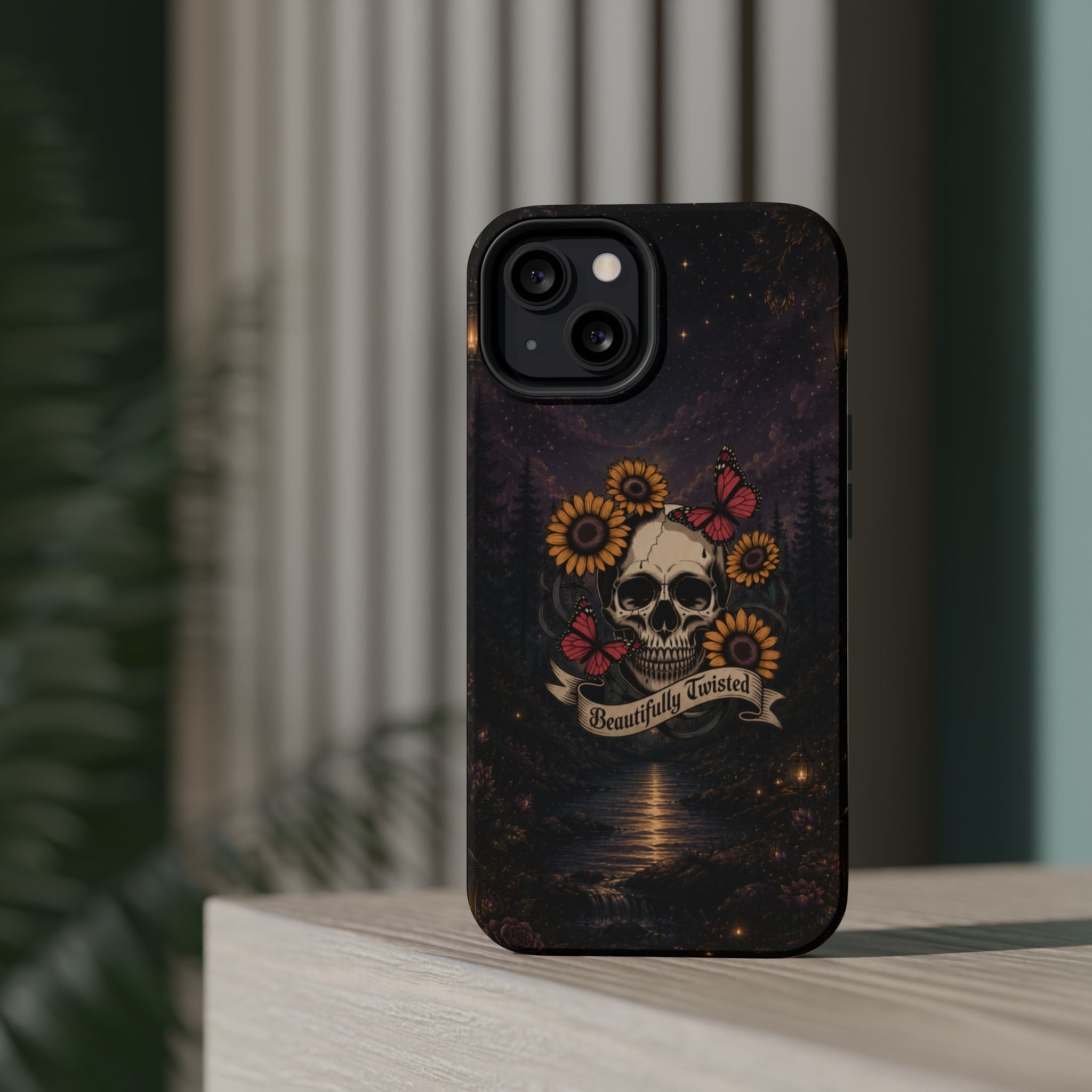 Skull, Sunflowers & Butterflies Phone Case – "Beautifully Twisted" MagSafe Cover