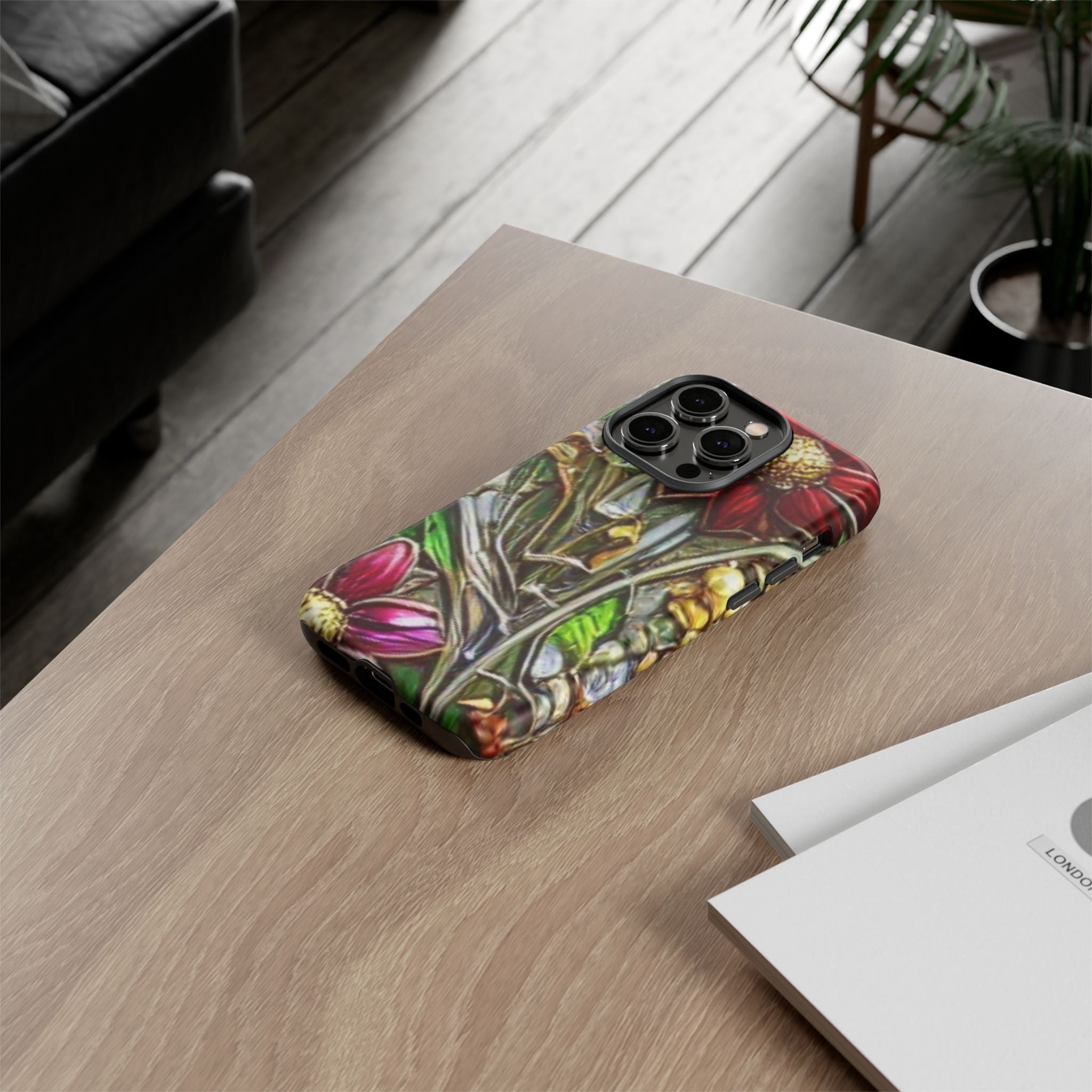 Floral Stained Glass Phone Case – Metallic Red & Purple Flower Design