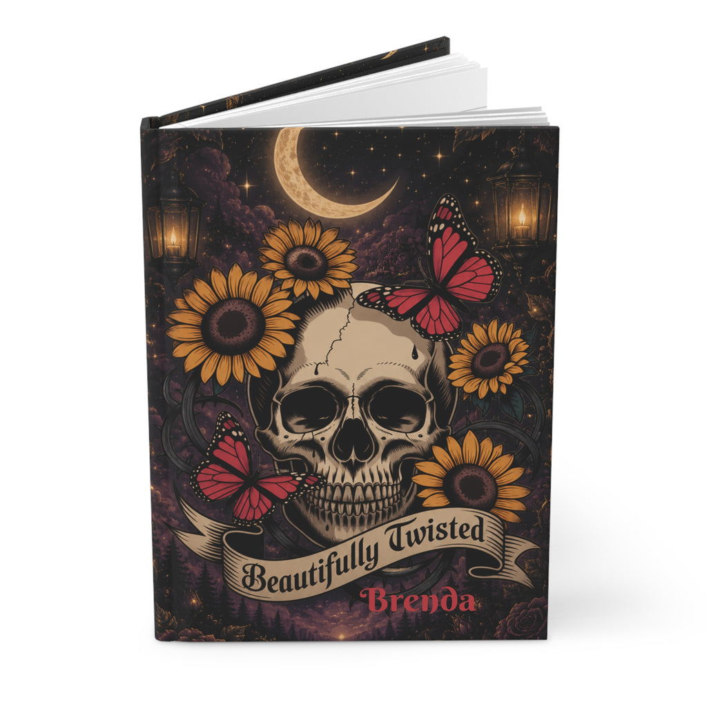 Personalized "Beautifully Twisted" Skull & Sunflower Journal — Custom Name Gothic Hardcover Notebook | Lined Pages, Witchy Gift