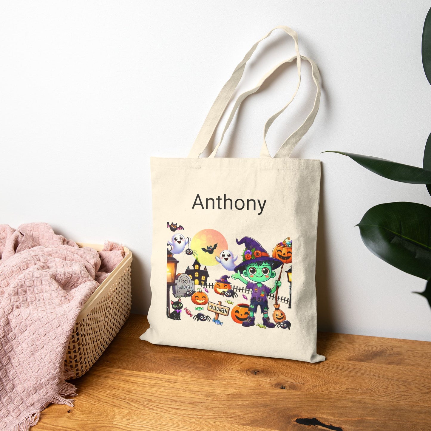 Personalized Trick or Treat Bag, Cute Ghost Pumpkin Halloween Candy Bag, Custom Customization Trick-Or-Treat, Cotton Canvas Tote Bag