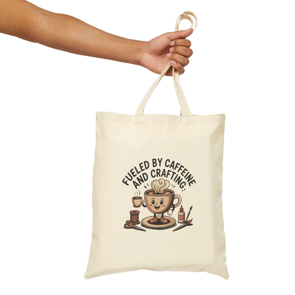 Fueled By Caffeine and Crafting Cotton Canvas Tote Bag, Black or Neutral Color, Reusable Grocery Bag, Crafting Group Matching Totes