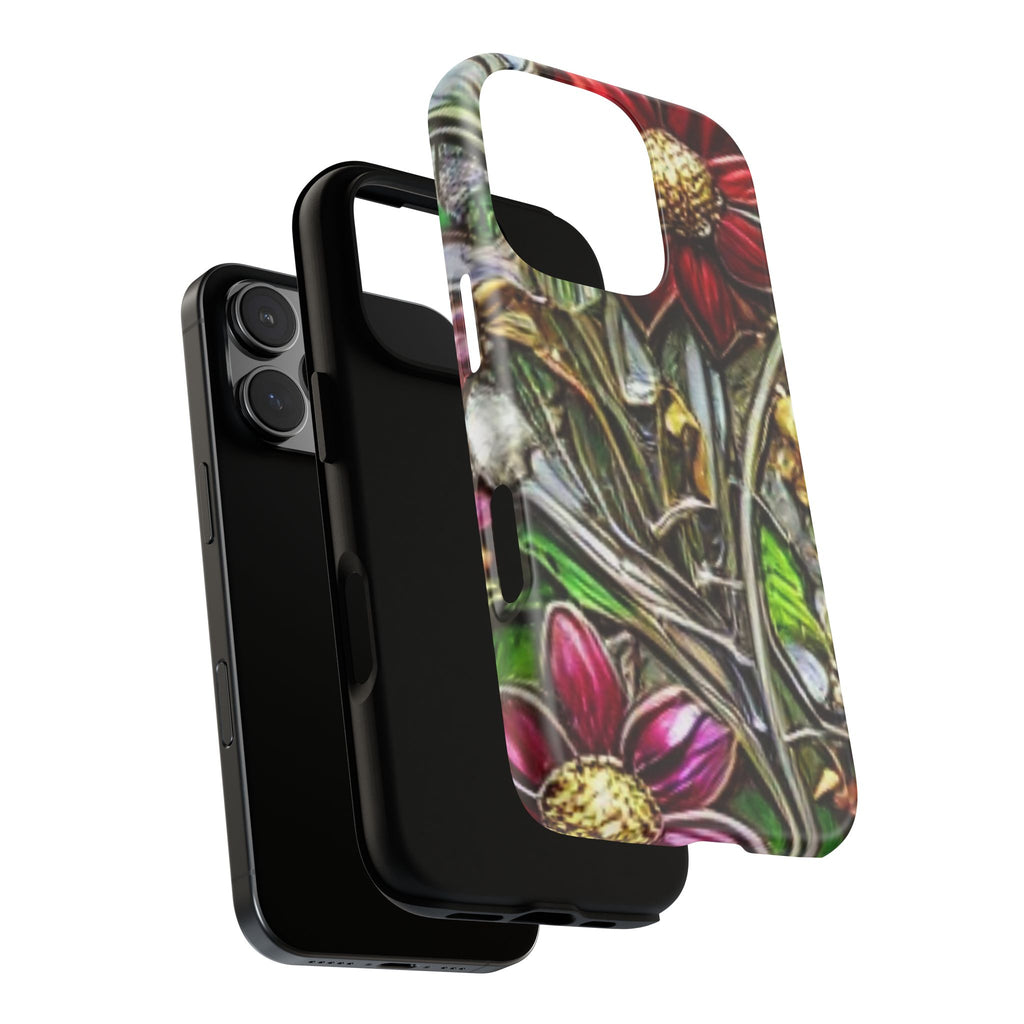 Floral Stained Glass Phone Case – Metallic Red & Purple Flower Design