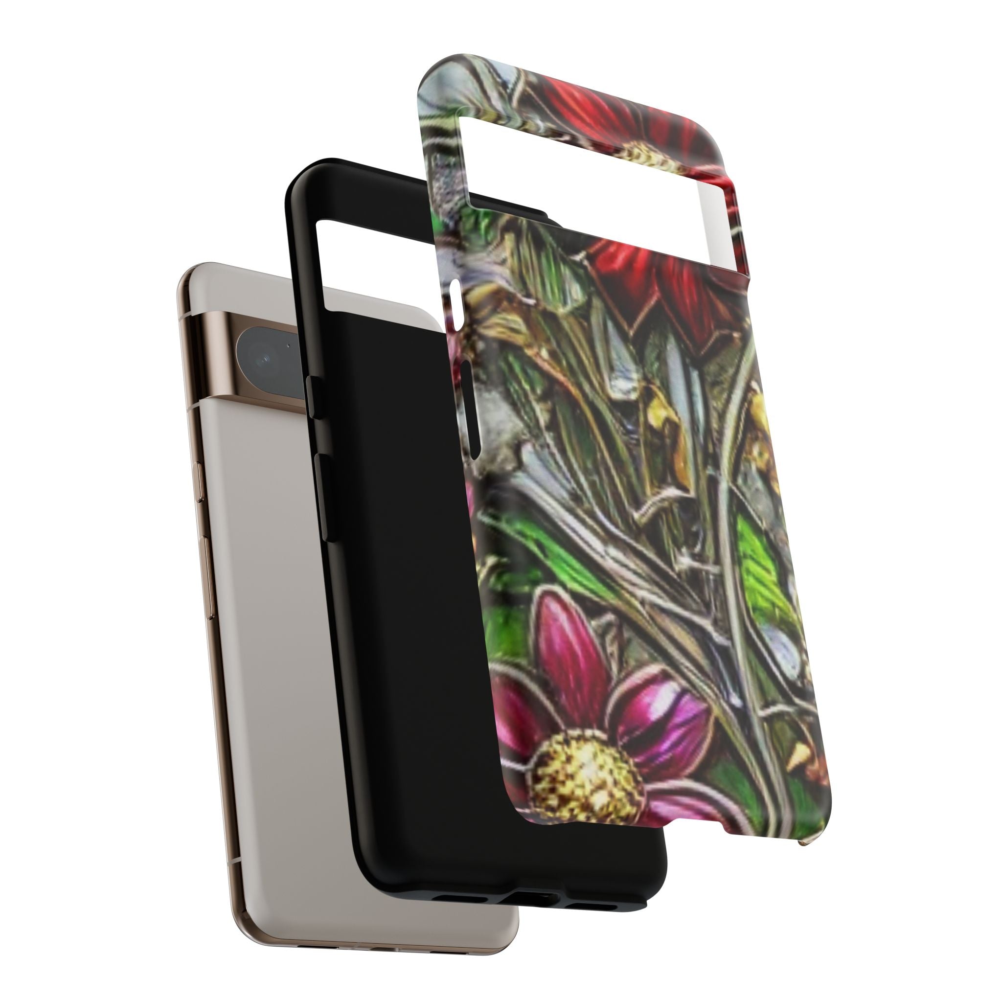 Floral Stained Glass Phone Case – Metallic Red & Purple Flower Design