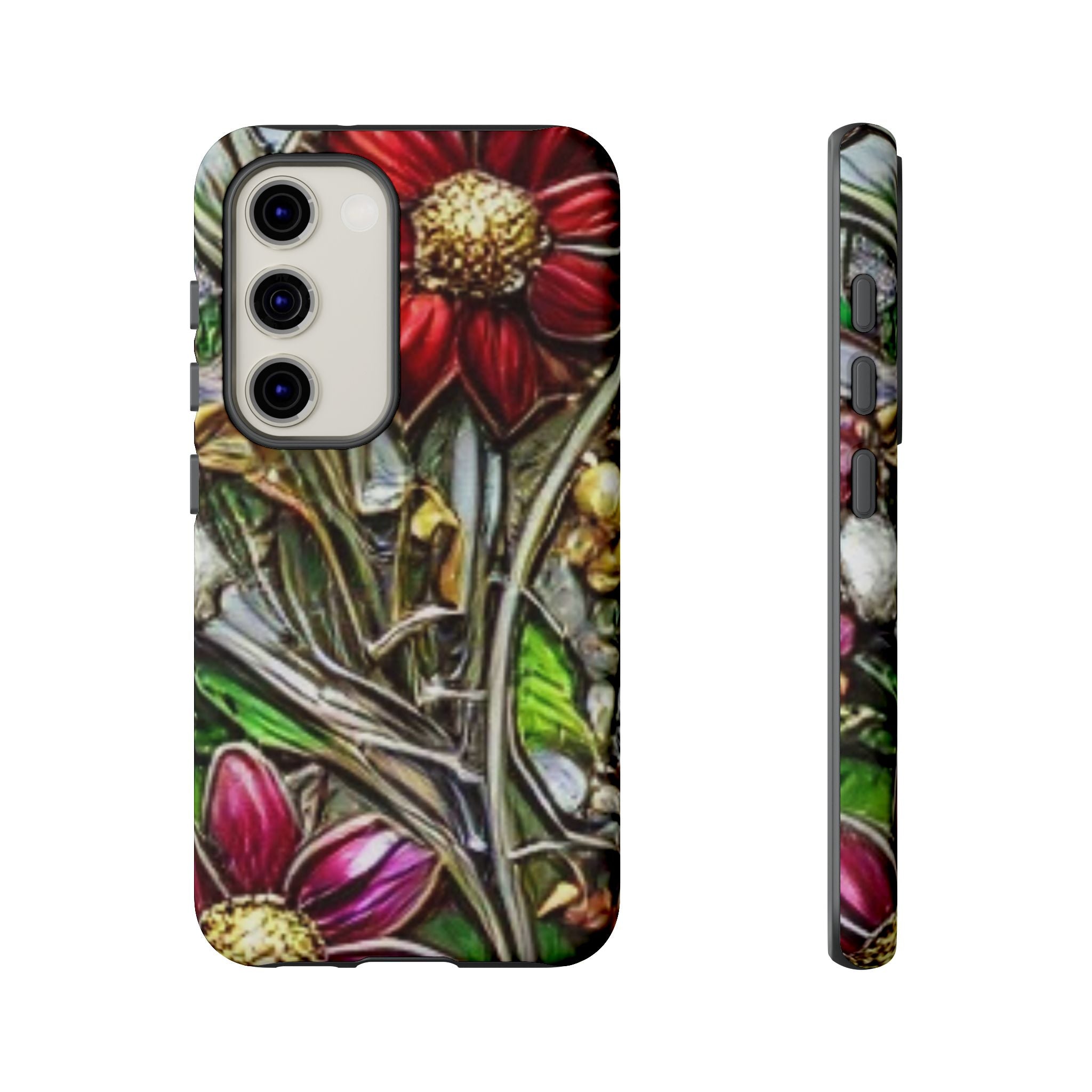 Floral Stained Glass Phone Case – Metallic Red & Purple Flower Design