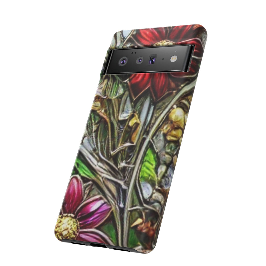 Floral Stained Glass Phone Case – Metallic Red & Purple Flower Design