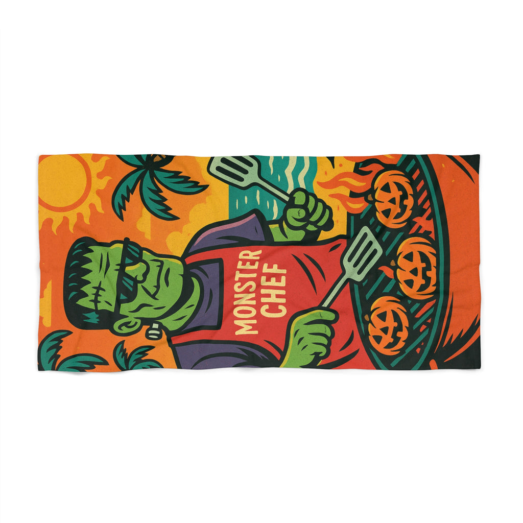 Summerween Monster Chef Beach Towel — Frankenstein Grilling Jack-o-Lantern Burgers | Spooky Summer Pool Party Gift