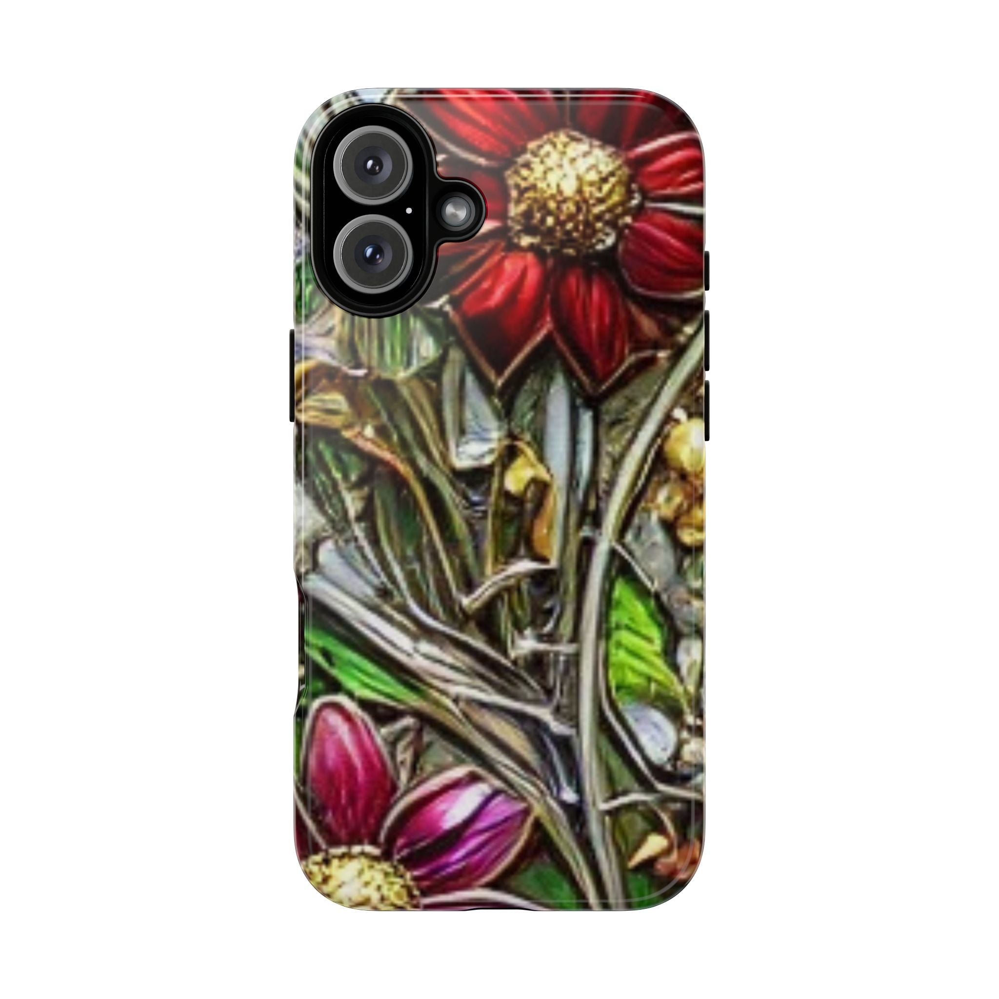 Floral Stained Glass Phone Case – Metallic Red & Purple Flower Design