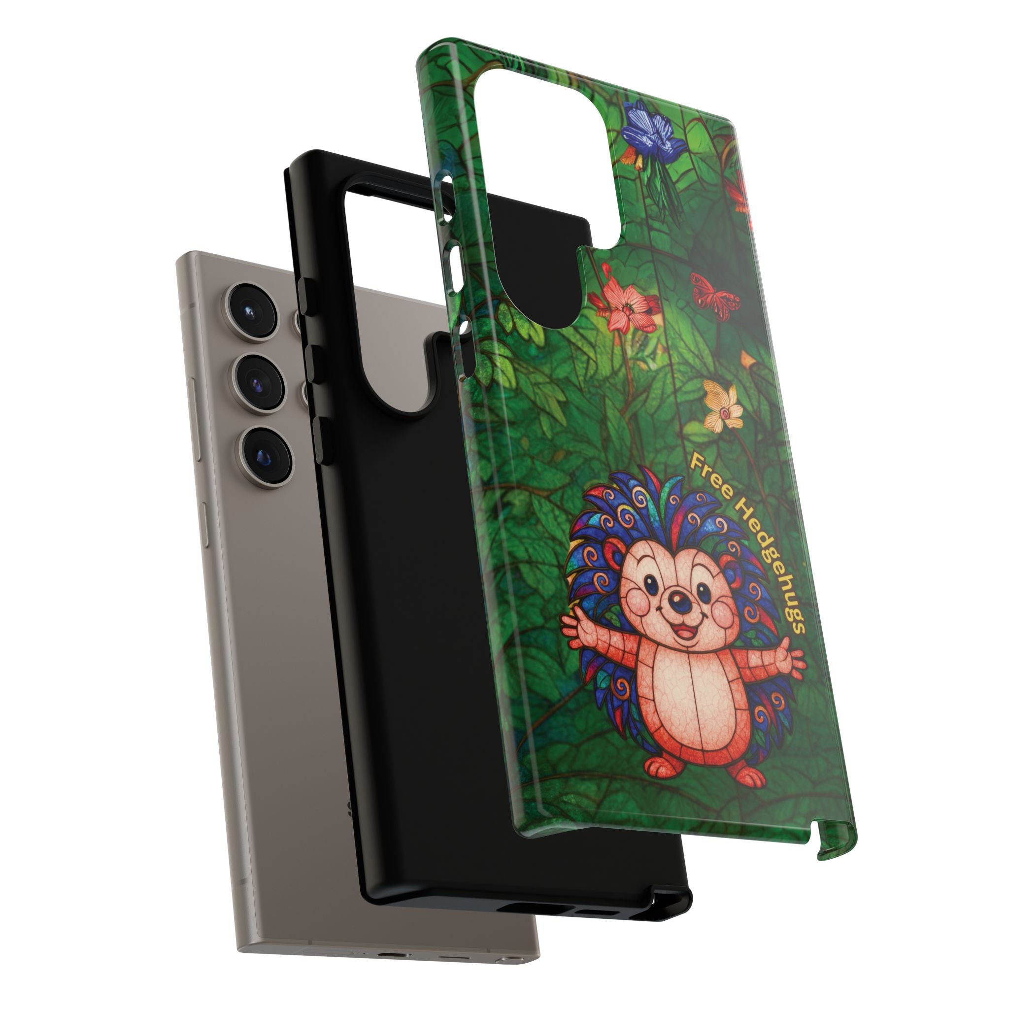 Stained Glass Hedgehog Phone Case – "Free Hedgehugs" Floral Design
