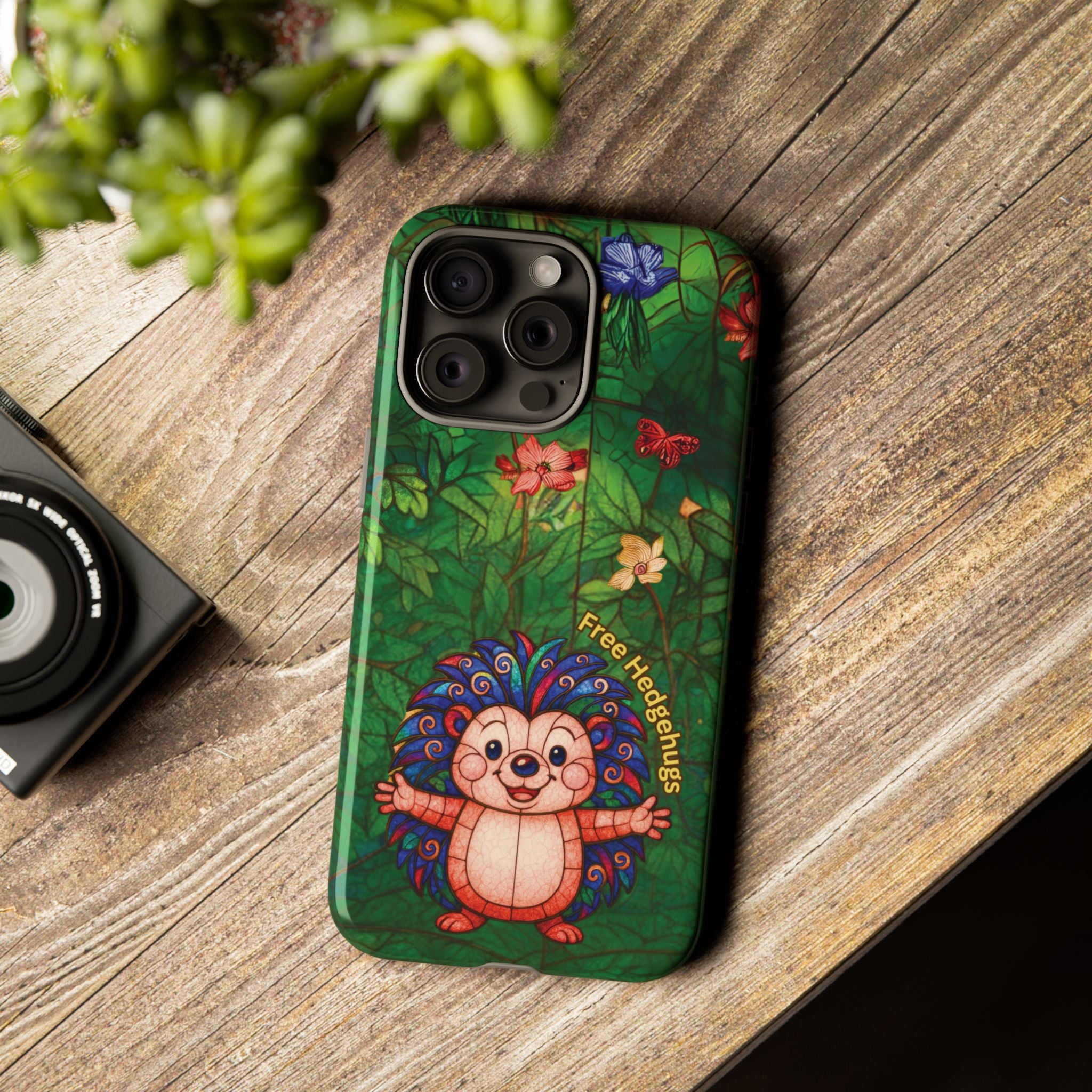 Stained Glass Hedgehog Phone Case – "Free Hedgehugs" Floral Design