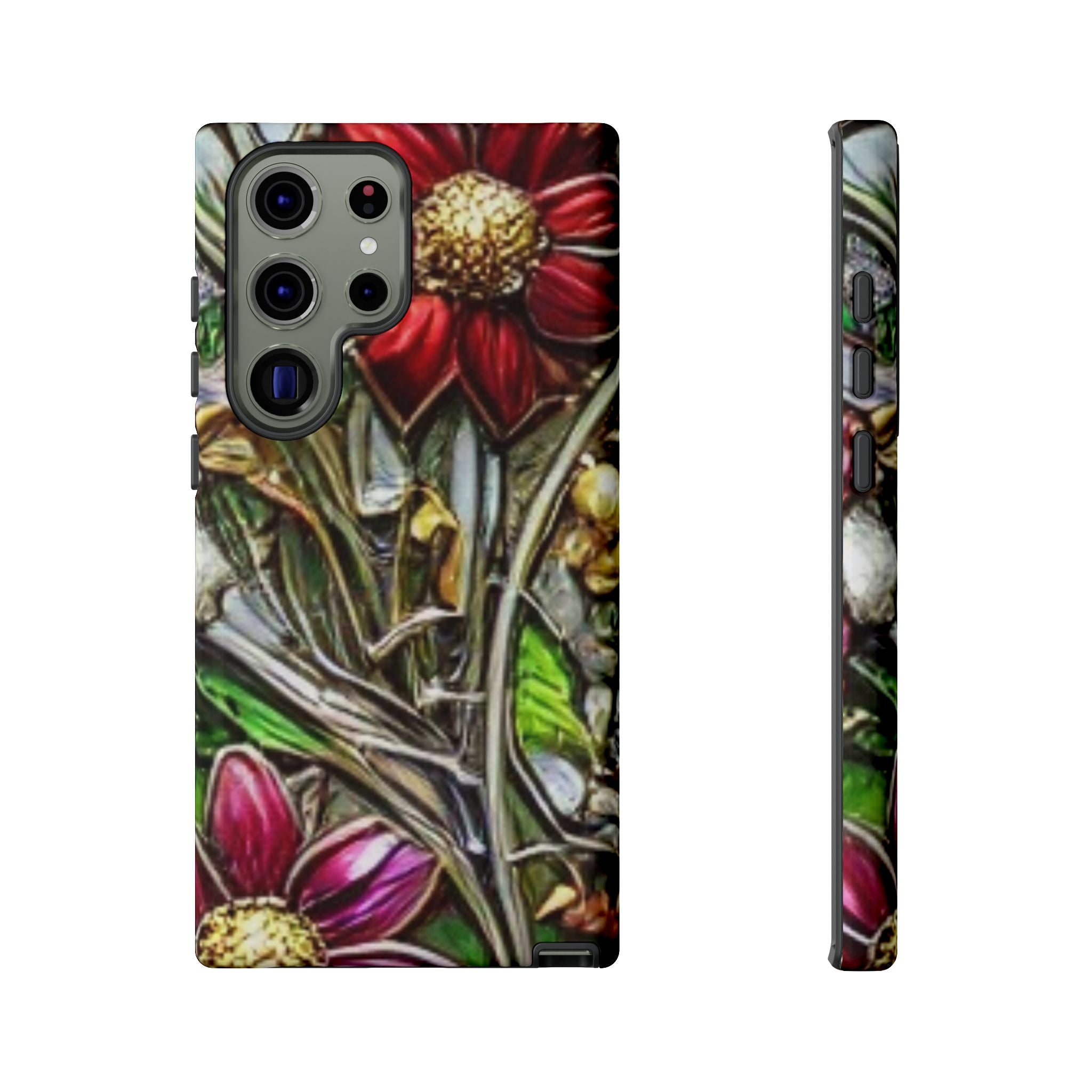 Floral Stained Glass Phone Case – Metallic Red & Purple Flower Design