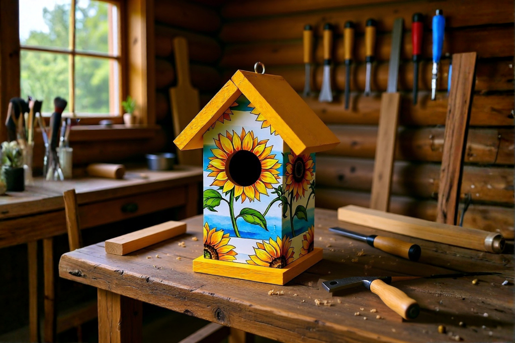 Sunflower & Blue Sky Birdhouse – Handcrafted Reclaimed Wood Decoupaged Birdhouse