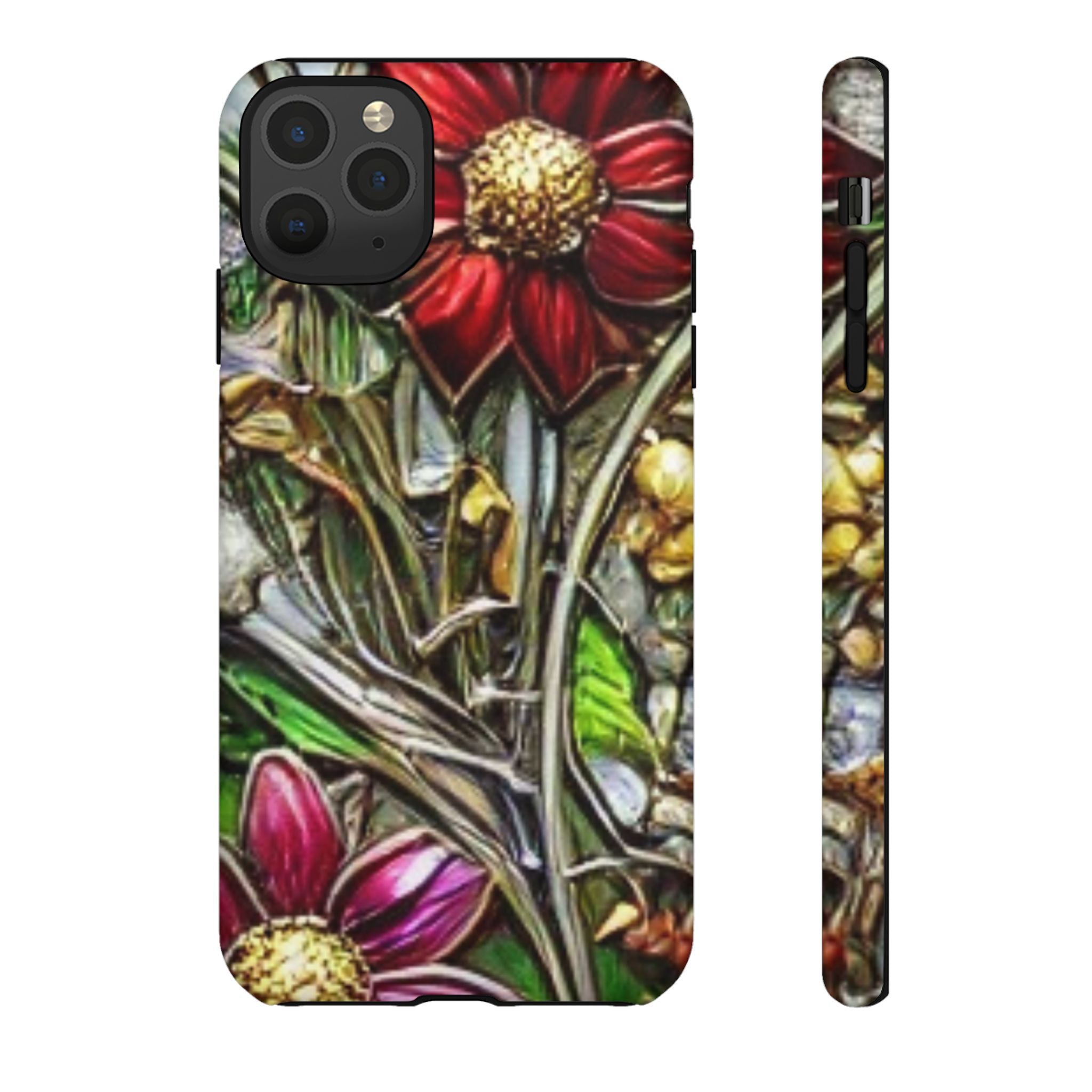 Floral Stained Glass Phone Case – Metallic Red & Purple Flower Design