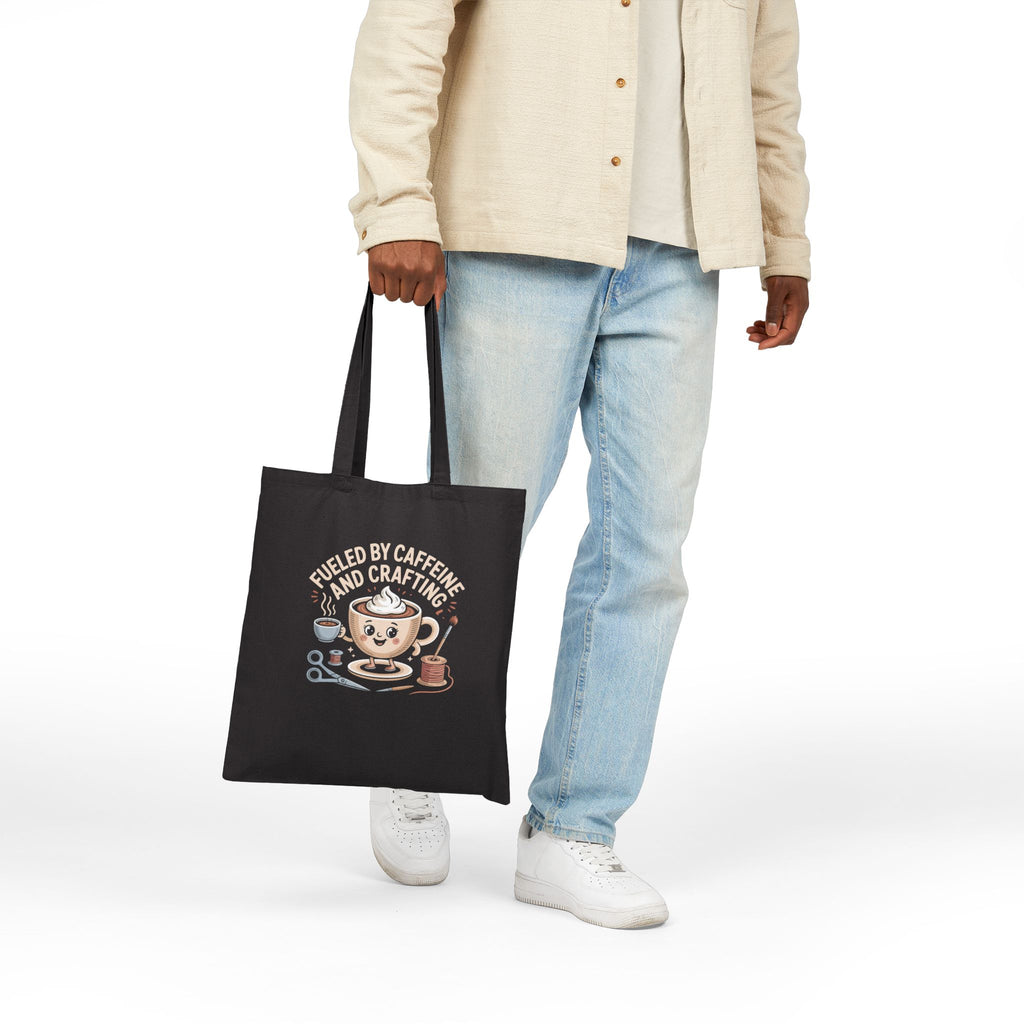 Fueled By Caffeine and Crafting Cotton Canvas Tote Bag, Black or Neutral Color, Reusable Grocery Bag, Crafting Group Matching Totes