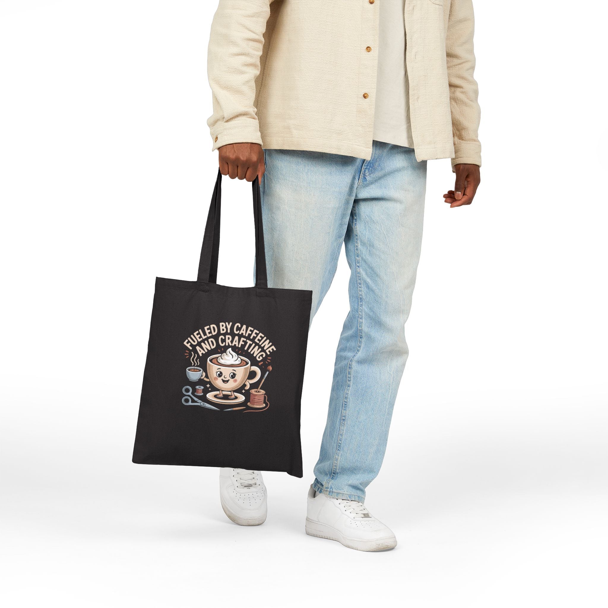 Fueled By Caffeine and Crafting Cotton Canvas Tote Bag, Black or Neutral Color, Reusable Grocery Bag, Crafting Group Matching Totes