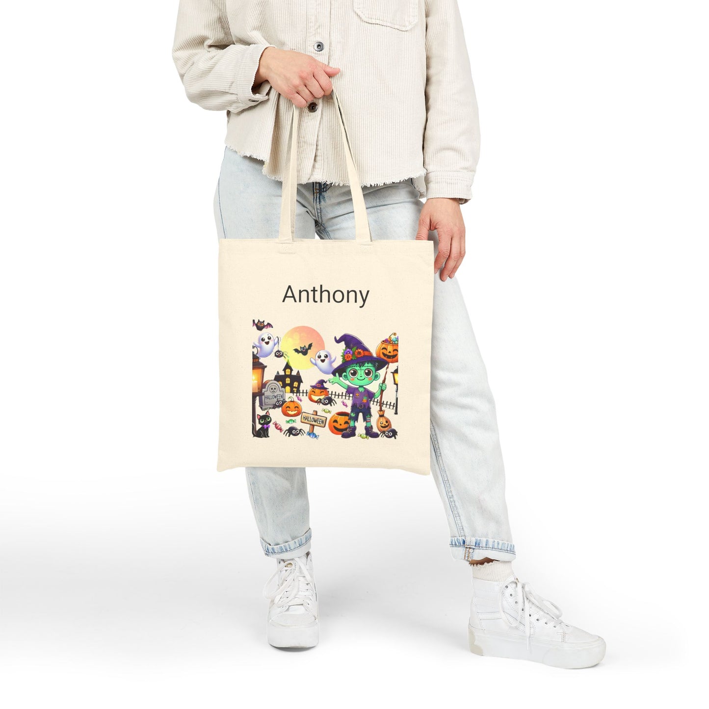 Personalized Trick or Treat Bag, Cute Ghost Pumpkin Halloween Candy Bag, Custom Customization Trick-Or-Treat, Cotton Canvas Tote Bag