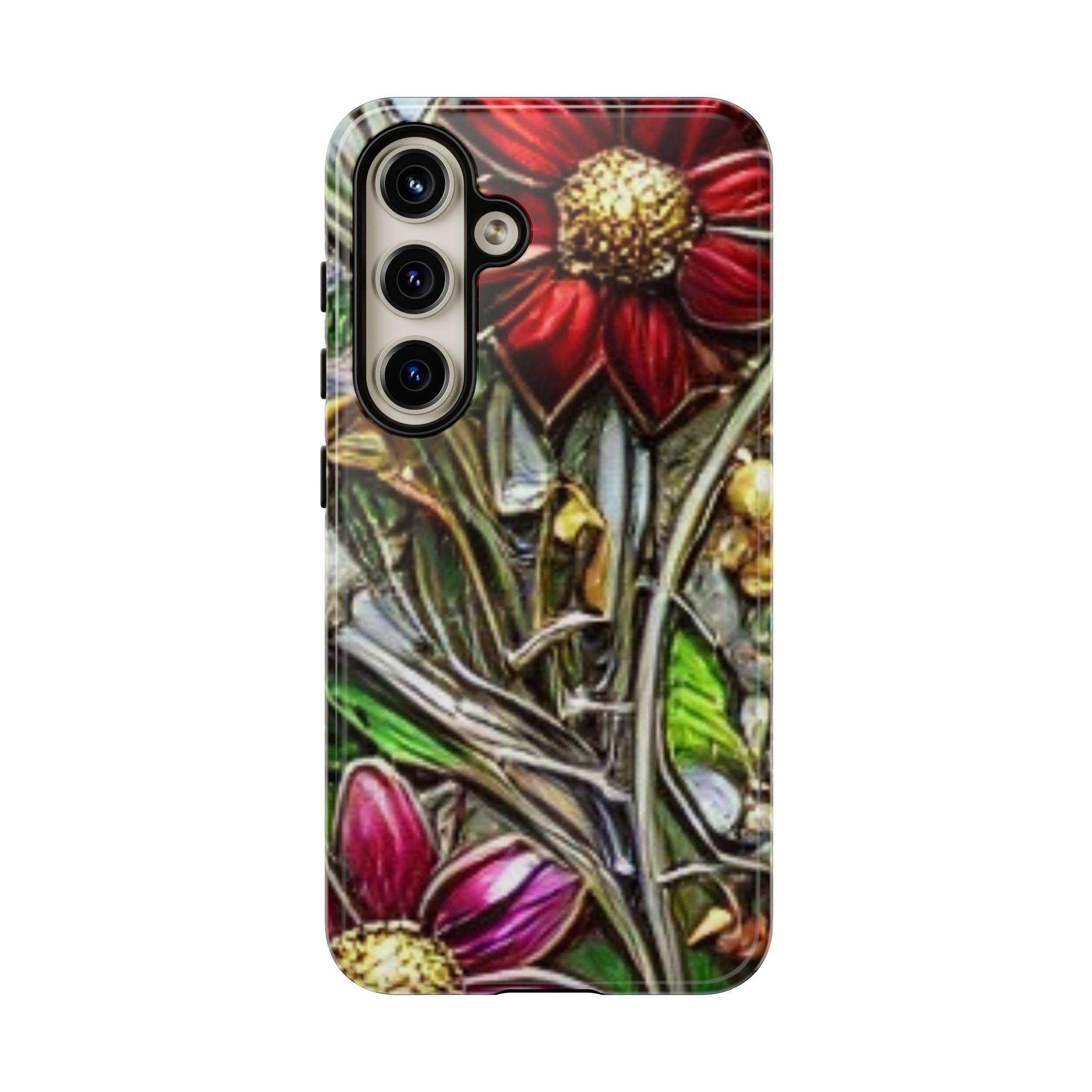 Floral Stained Glass Phone Case – Metallic Red & Purple Flower Design