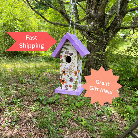 Summer Purple and wildflower wooden decoupage bird house, Handmade Garden Decor Bird box, Decorative Outdoor Floral Nesting Box