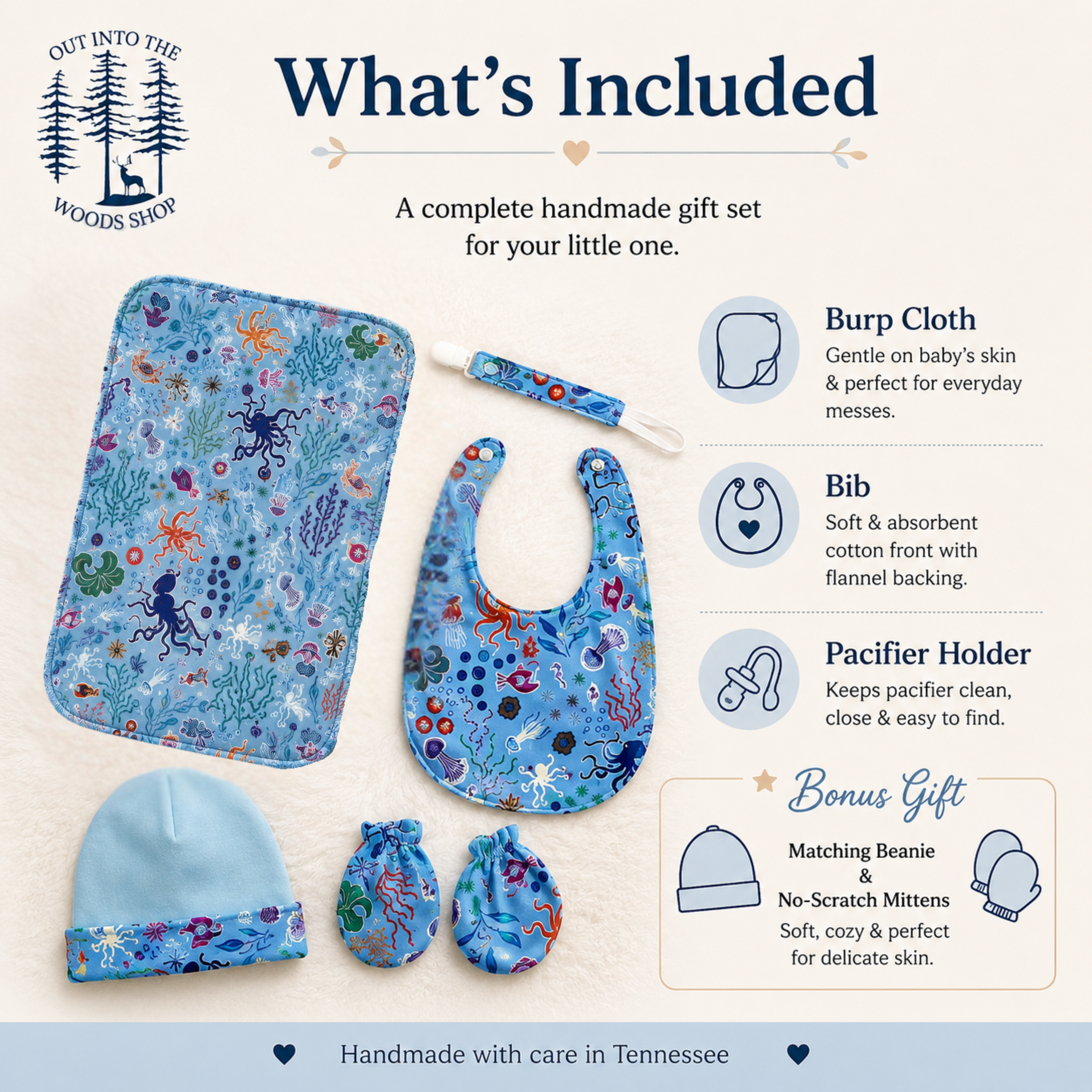 Blue Glow in the Dark Ocean Baby Gift Set – Handmade Bib, Burp Cloth & Pacifier Holder for Newborns (0–3 Months)