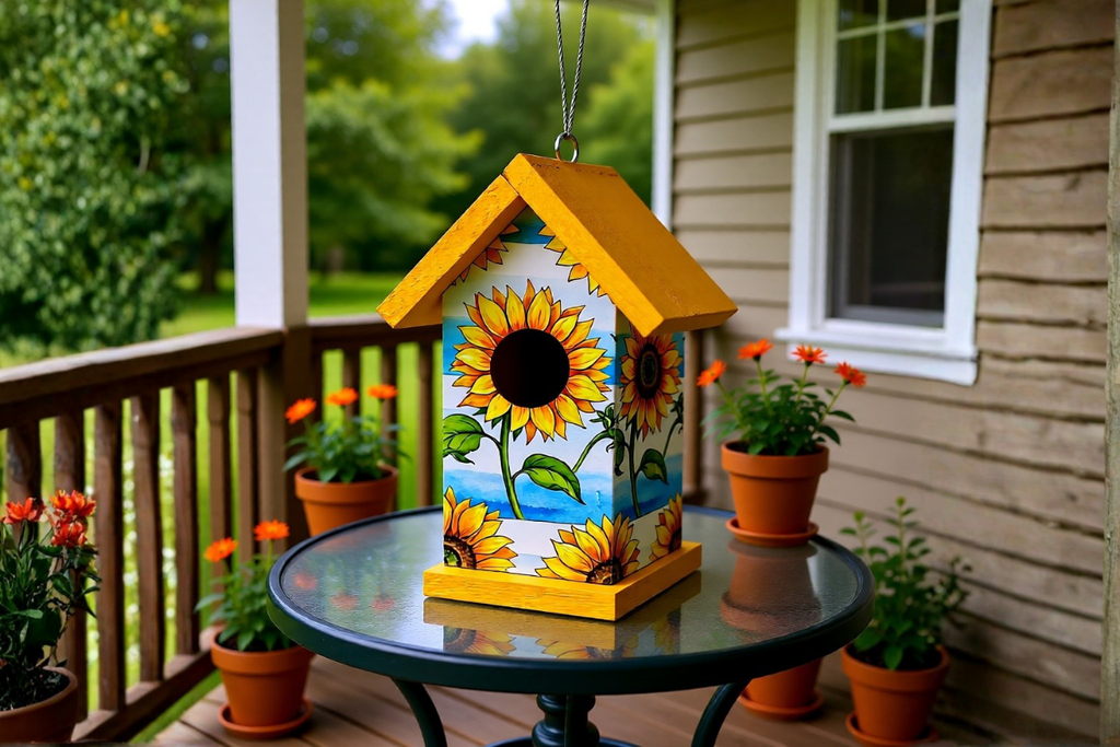 Sunflower & Blue Sky Birdhouse – Handcrafted Reclaimed Wood Decoupaged Birdhouse