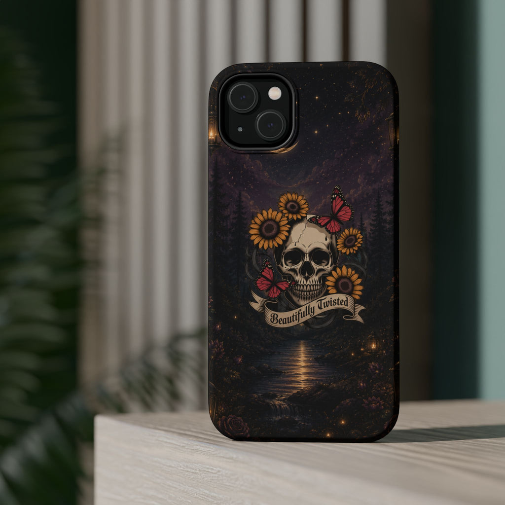 Skull, Sunflowers & Butterflies Phone Case – "Beautifully Twisted" MagSafe Cover