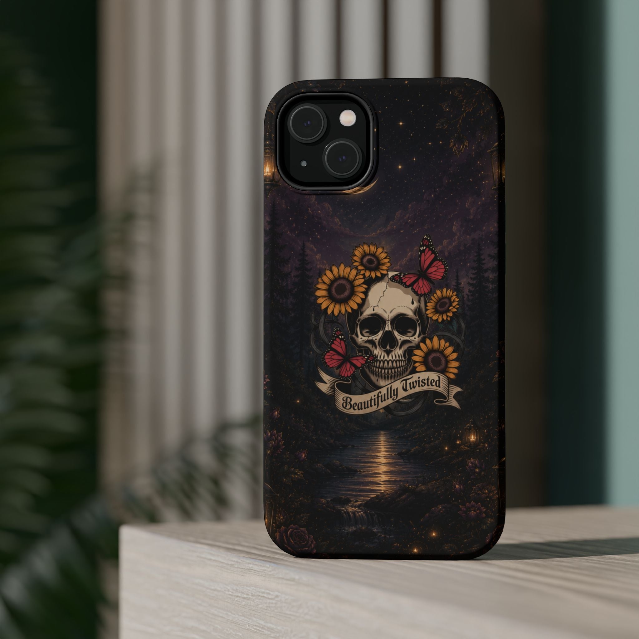 Skull, Sunflowers & Butterflies Phone Case – "Beautifully Twisted" MagSafe Cover