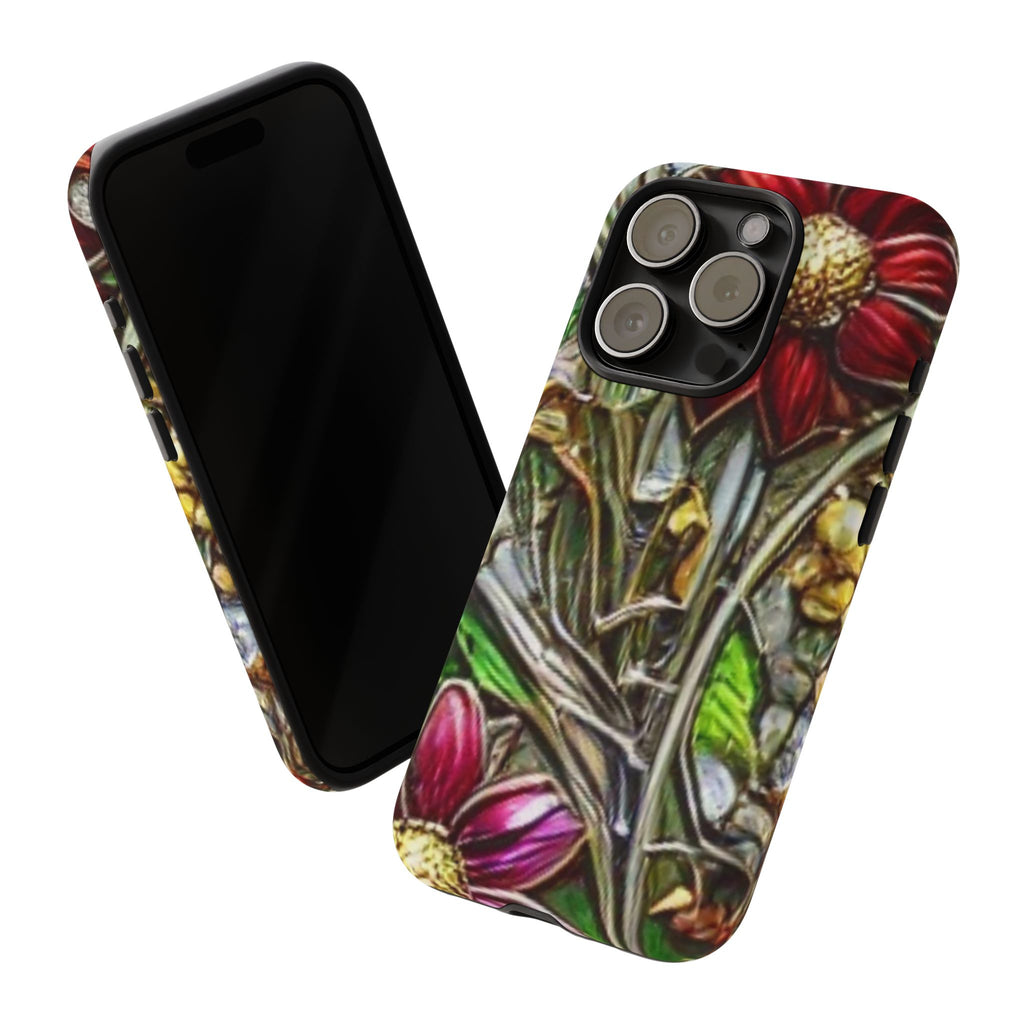 Floral Stained Glass Phone Case – Metallic Red & Purple Flower Design