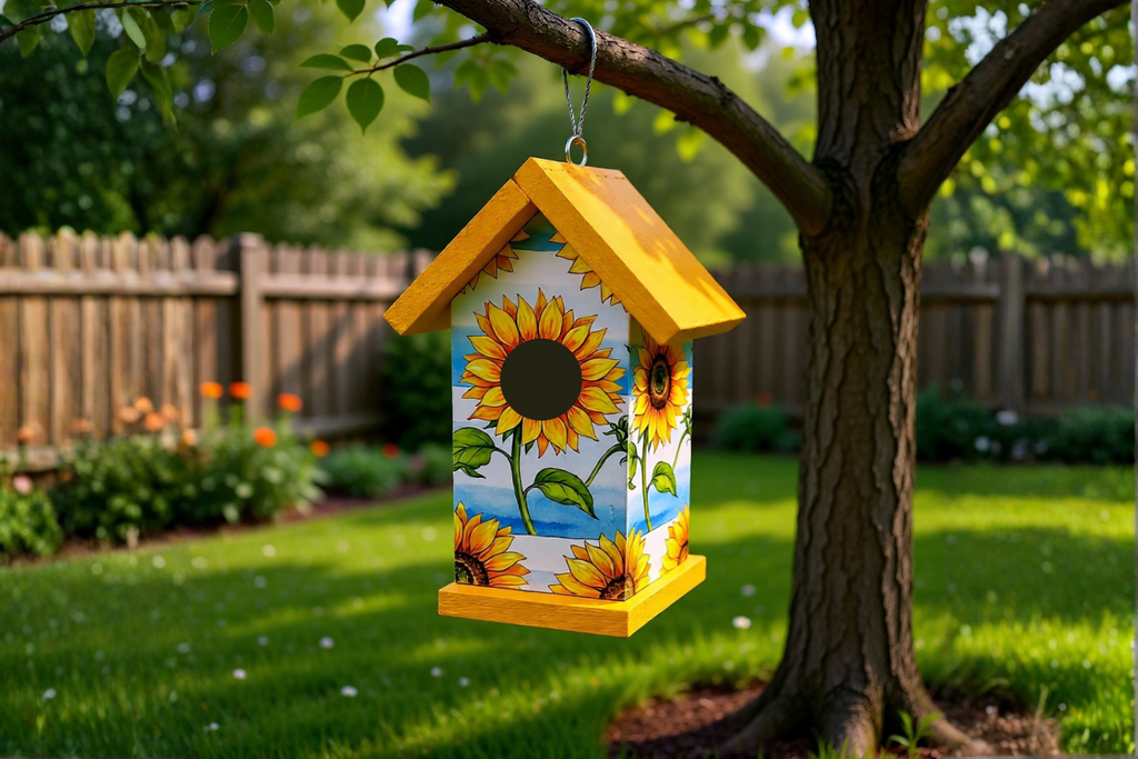 Sunflower & Blue Sky Birdhouse – Handcrafted Reclaimed Wood Decoupaged Birdhouse
