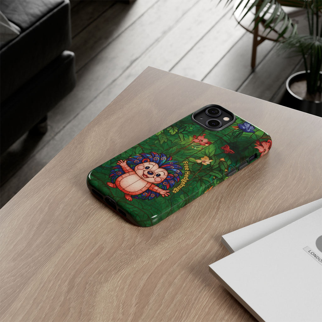 Stained Glass Hedgehog Phone Case – "Free Hedgehugs" Floral Design