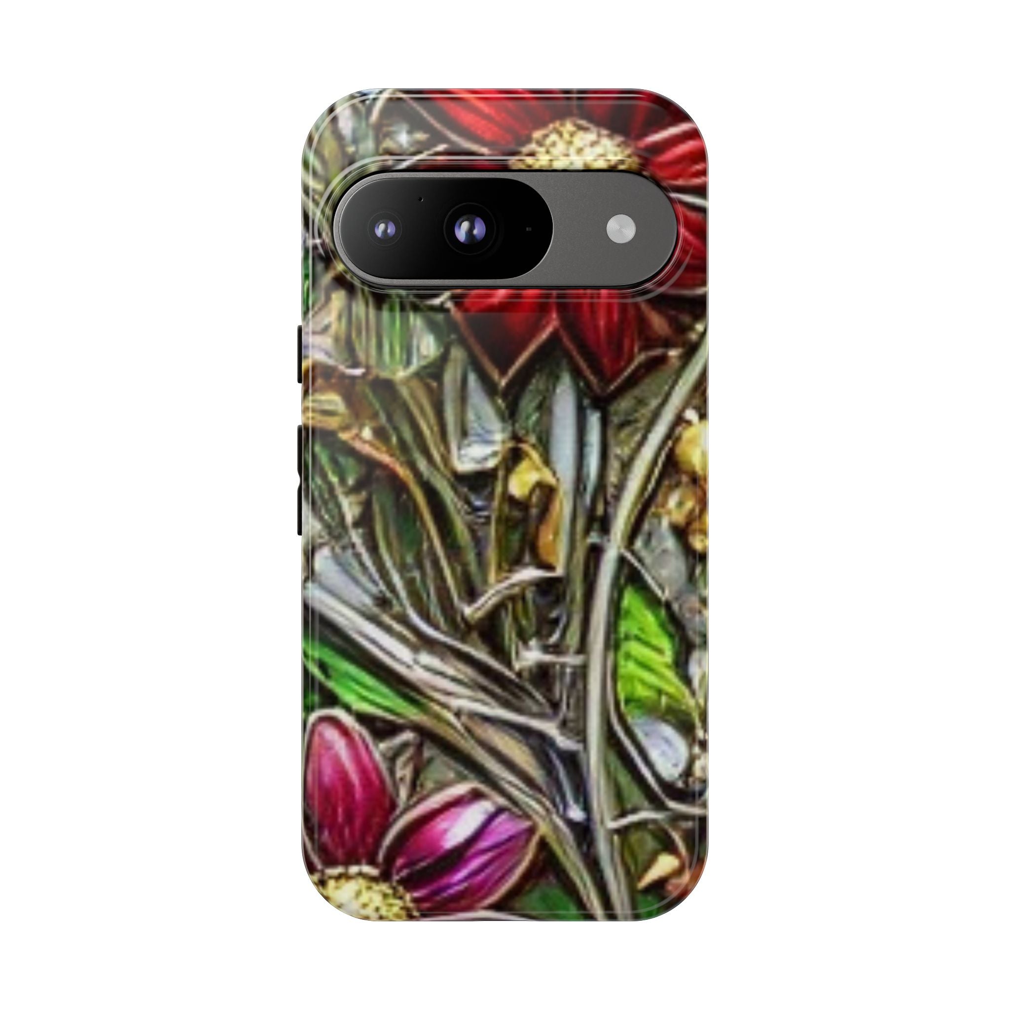 Floral Stained Glass Phone Case – Metallic Red & Purple Flower Design