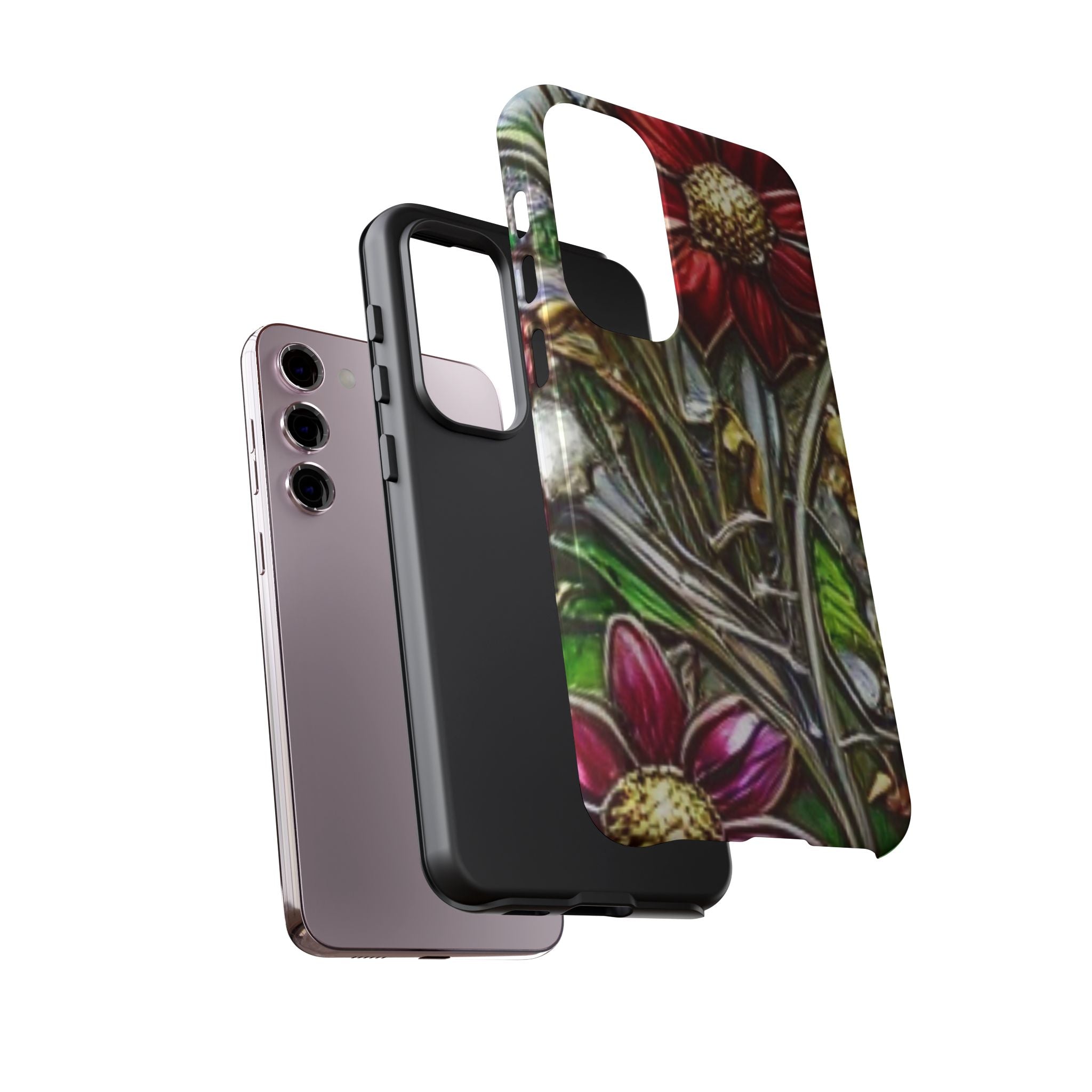 Floral Stained Glass Phone Case – Metallic Red & Purple Flower Design
