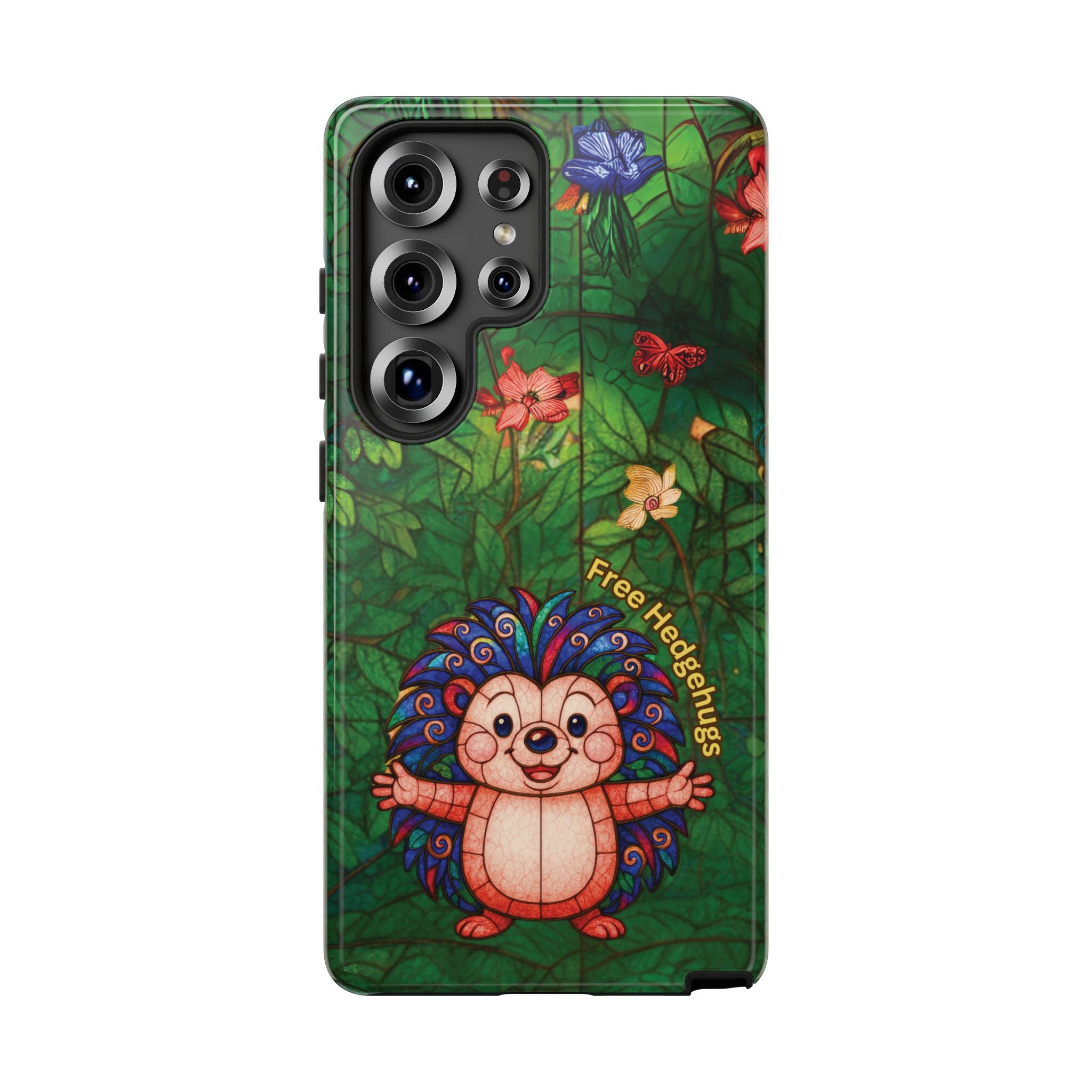 Stained Glass Hedgehog Phone Case – "Free Hedgehugs" Floral Design