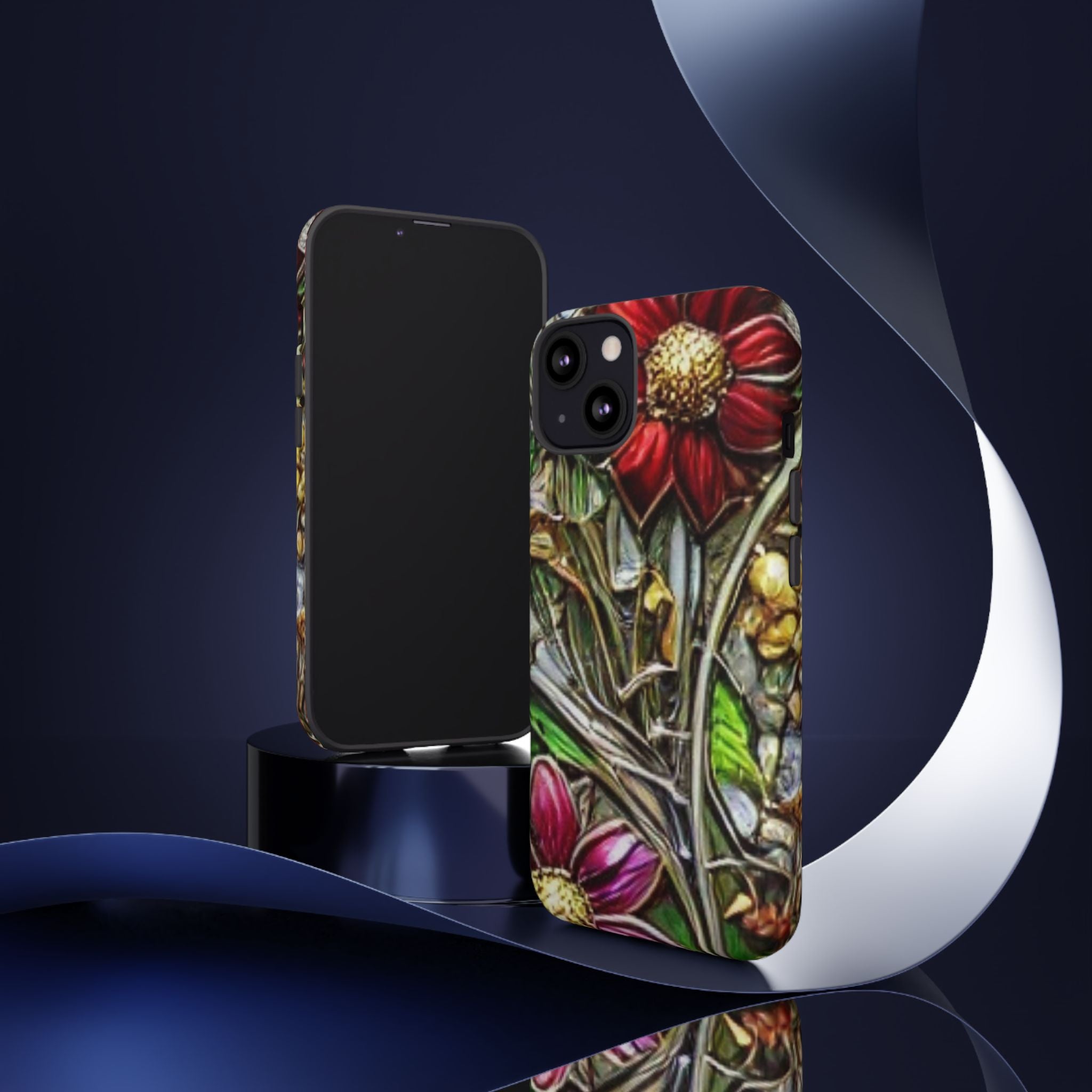 Floral Stained Glass Phone Case – Metallic Red & Purple Flower Design