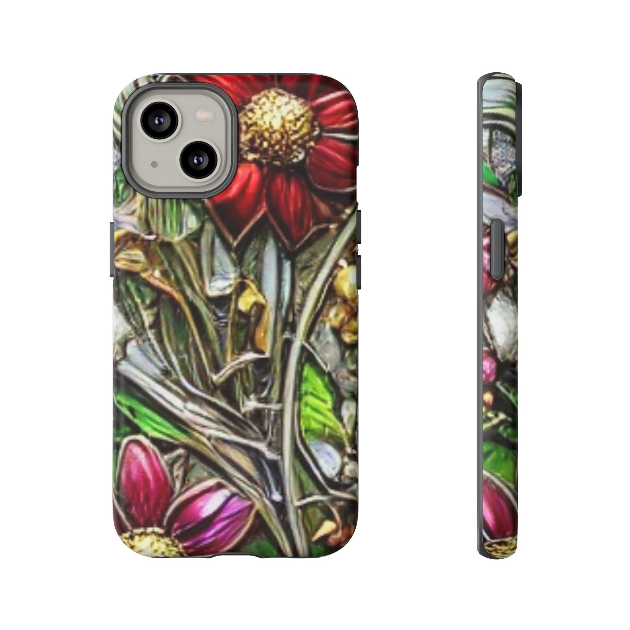 Floral Stained Glass Phone Case – Metallic Red & Purple Flower Design