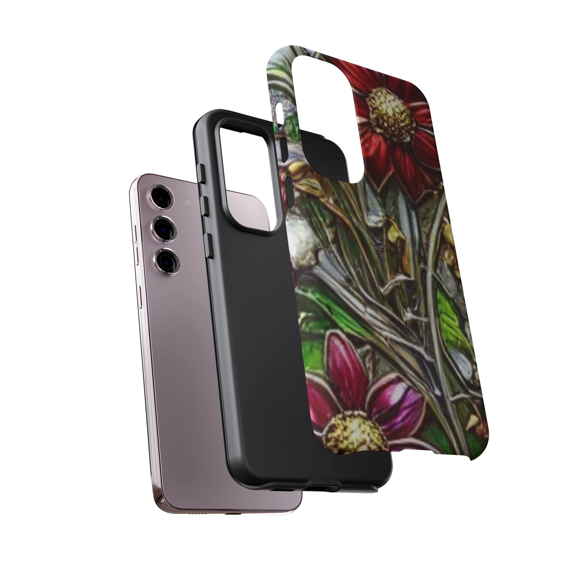 Floral Stained Glass Phone Case – Metallic Red & Purple Flower Design