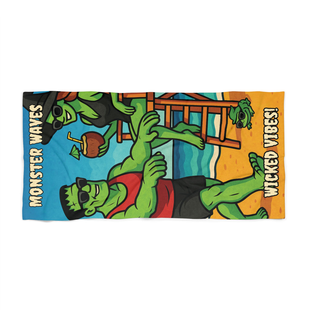 Summerween Frankenstein Surfer & Witchy Lifeguard Beach Towel — Spooky Summer Wicked Vibes | Halloween Pool Party Gift for Surfers & Skaters