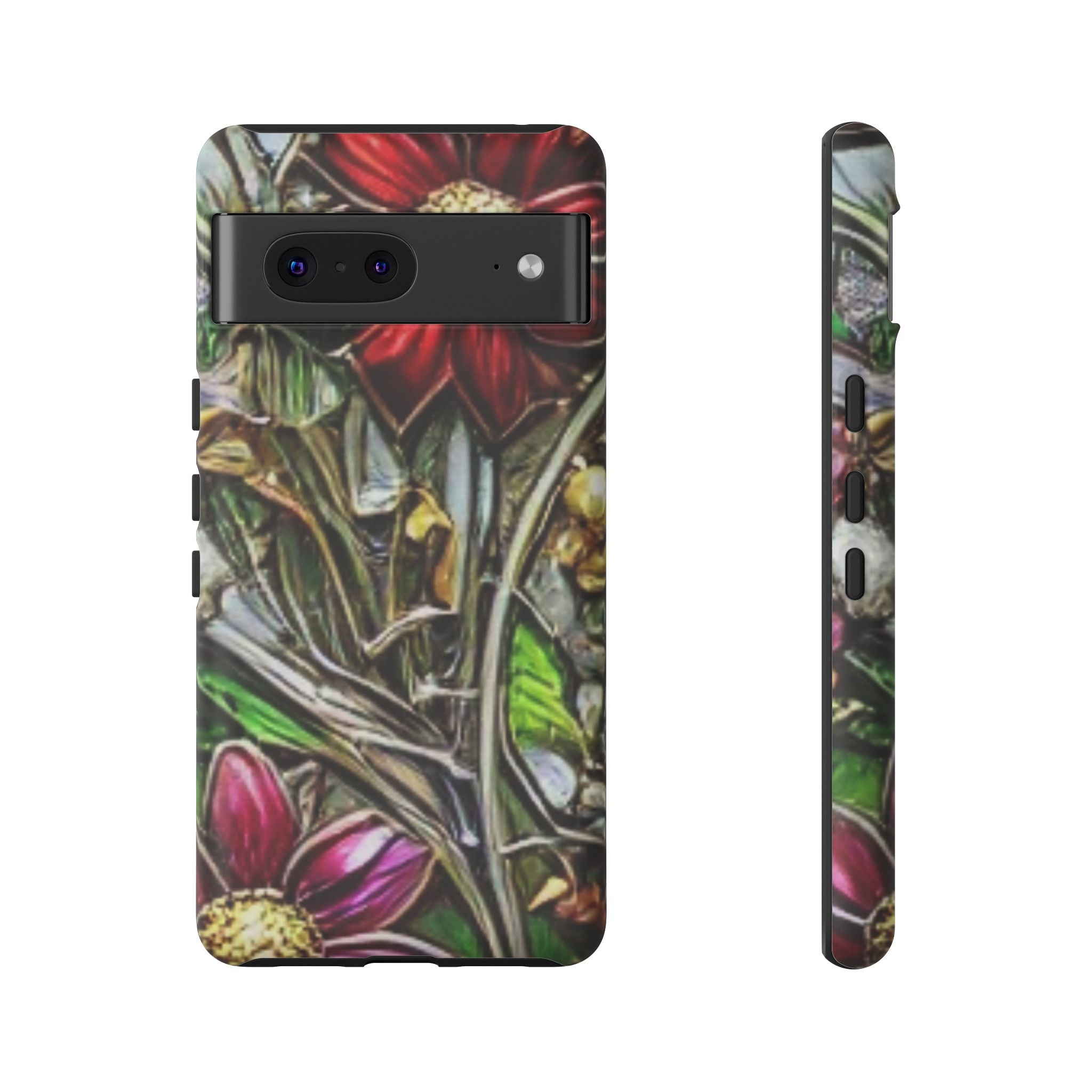 Floral Stained Glass Phone Case – Metallic Red & Purple Flower Design