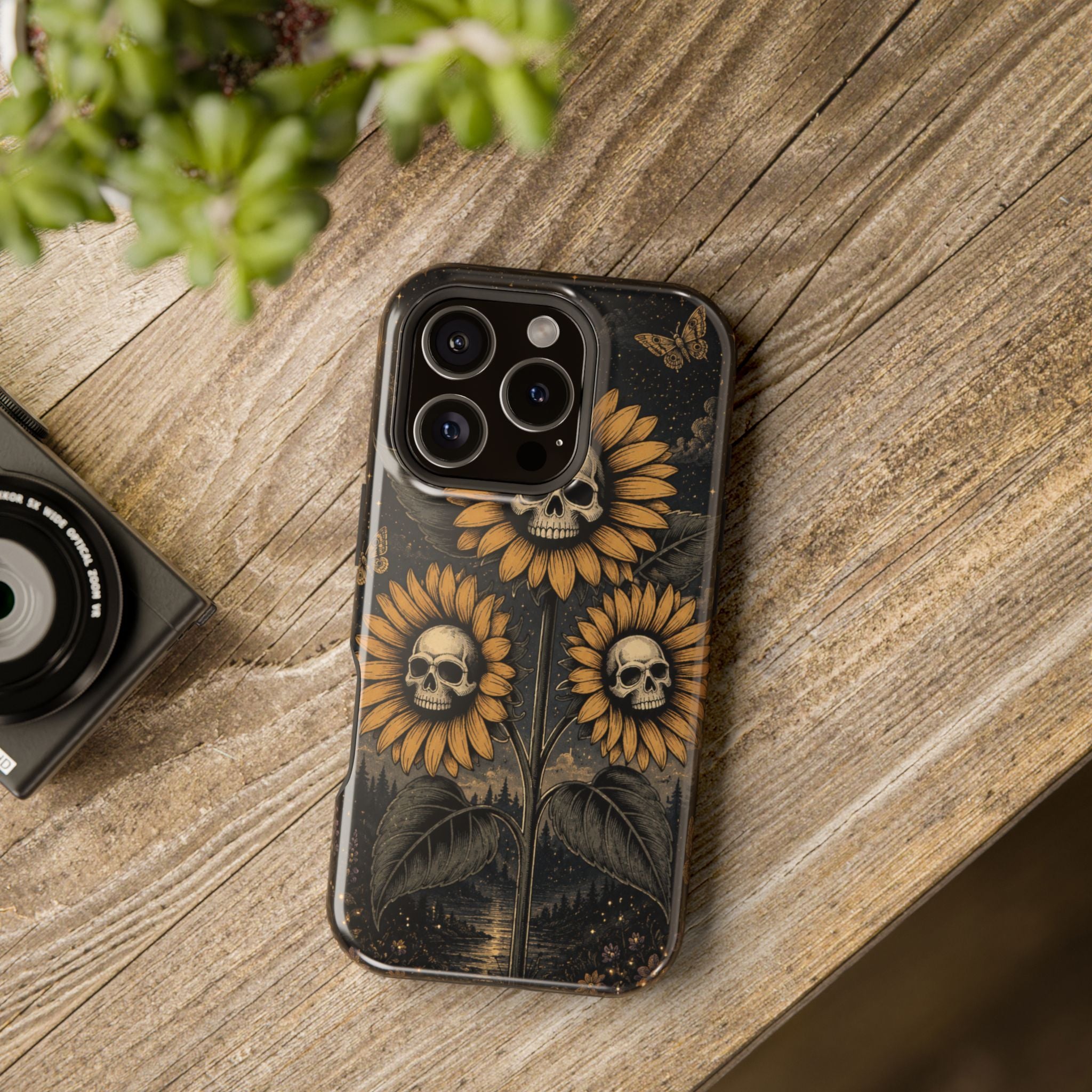 Skull Sunflowers Phone Case – Dark Floral MagSafe-Compatible Cover