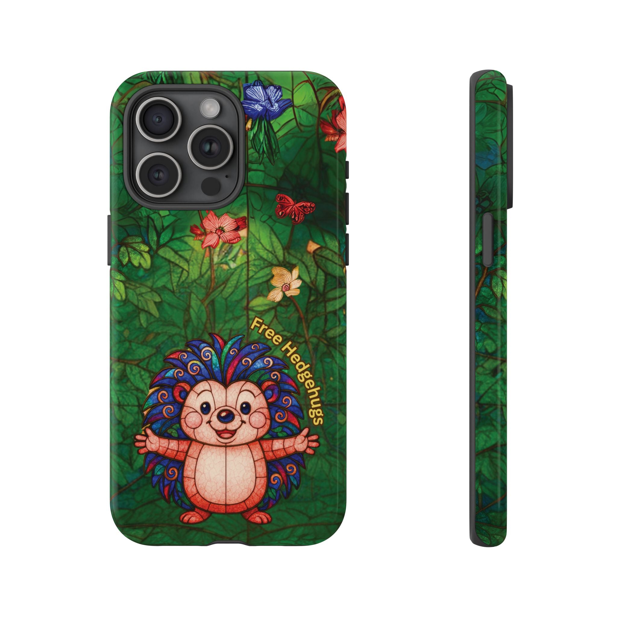 Stained Glass Hedgehog Phone Case – "Free Hedgehugs" Floral Design