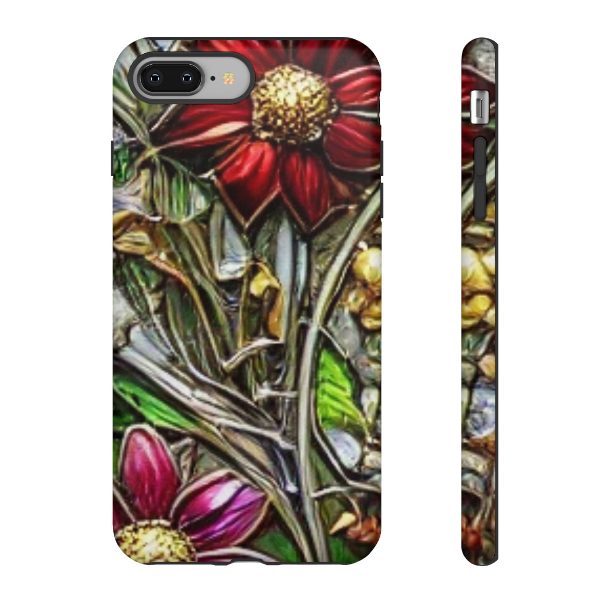 Floral Stained Glass Phone Case – Metallic Red & Purple Flower Design