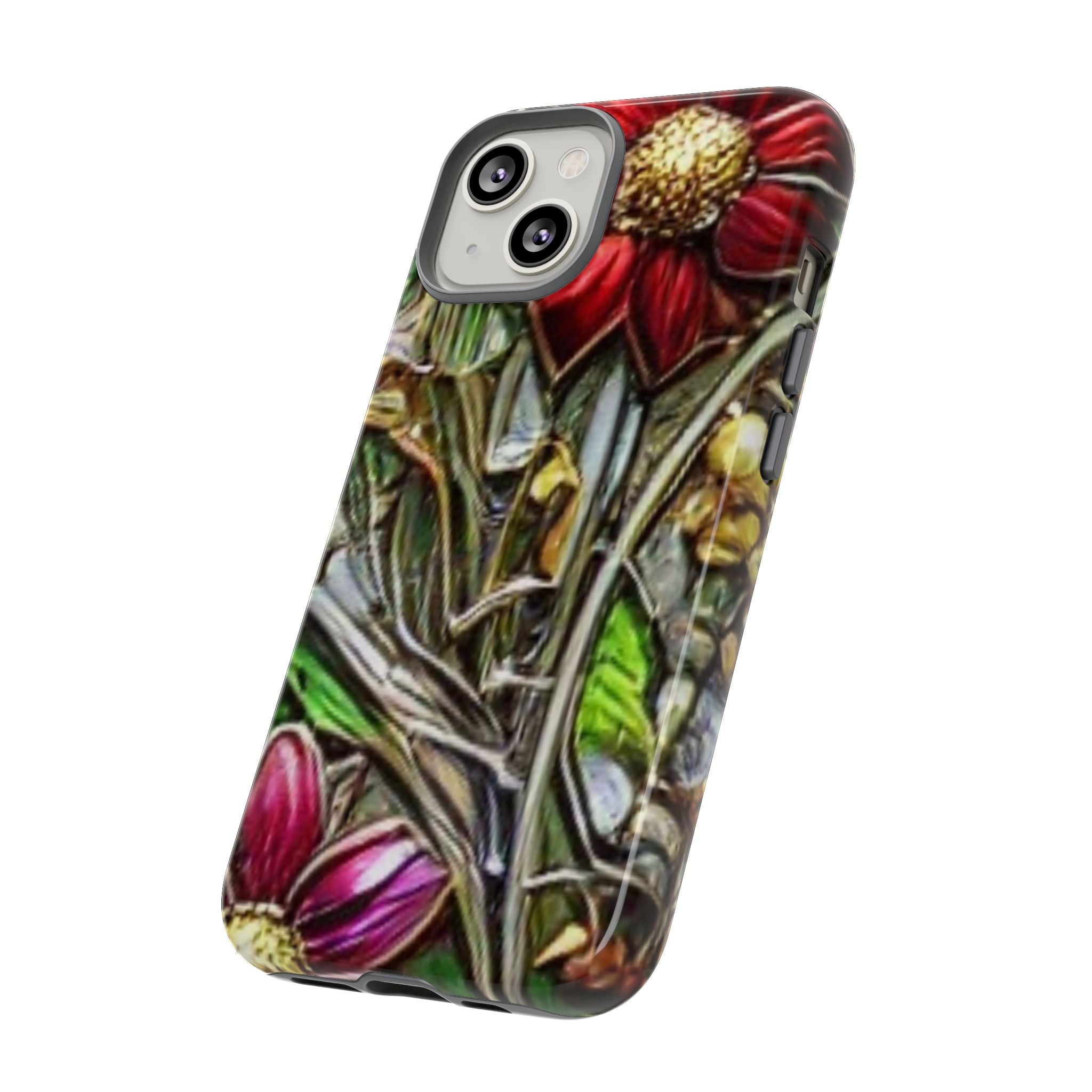 Floral Stained Glass Phone Case – Metallic Red & Purple Flower Design