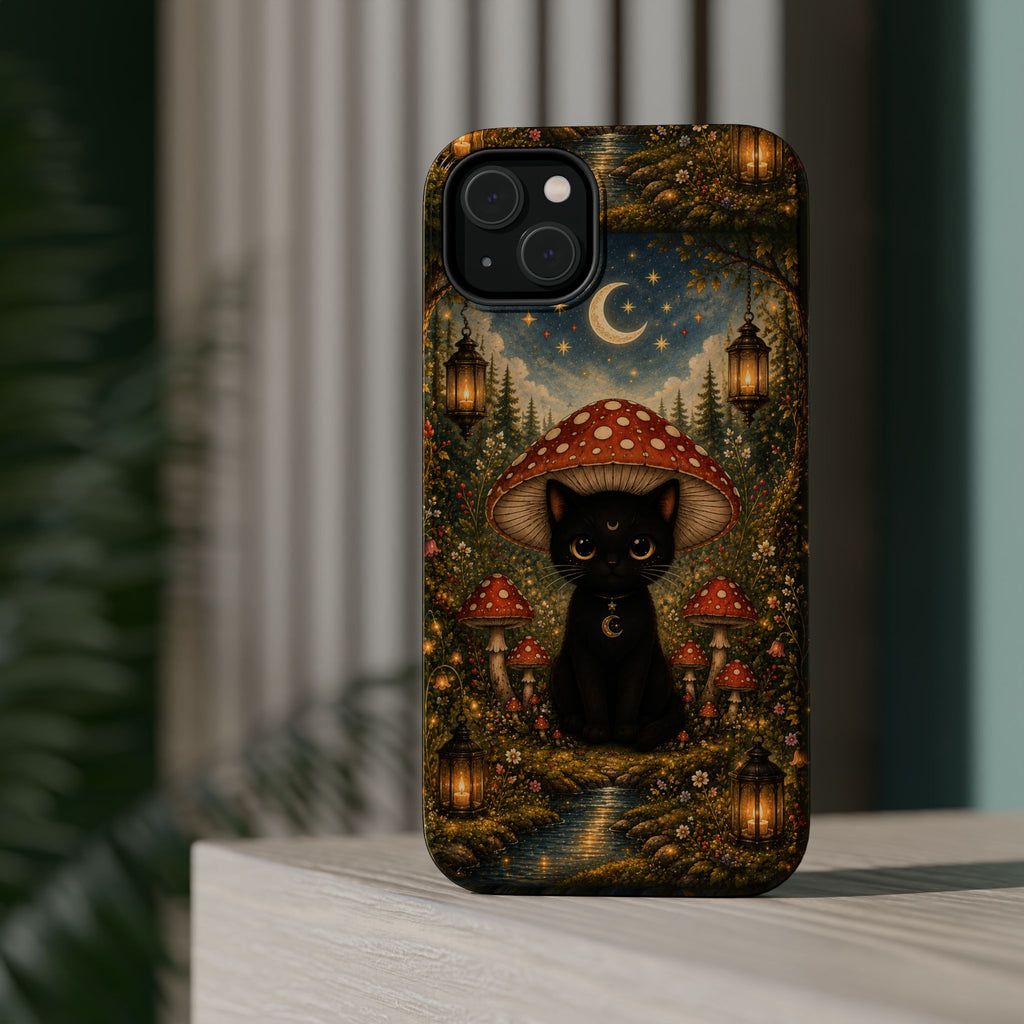 Black Cat & Mushroom Phone Case – Magical MagSafe-Compatible Cover