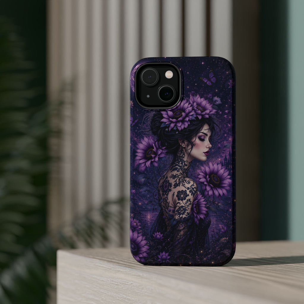 Gothic Floral Woman Phone Case – Dark Botanical MagSafe-Compatible Cover