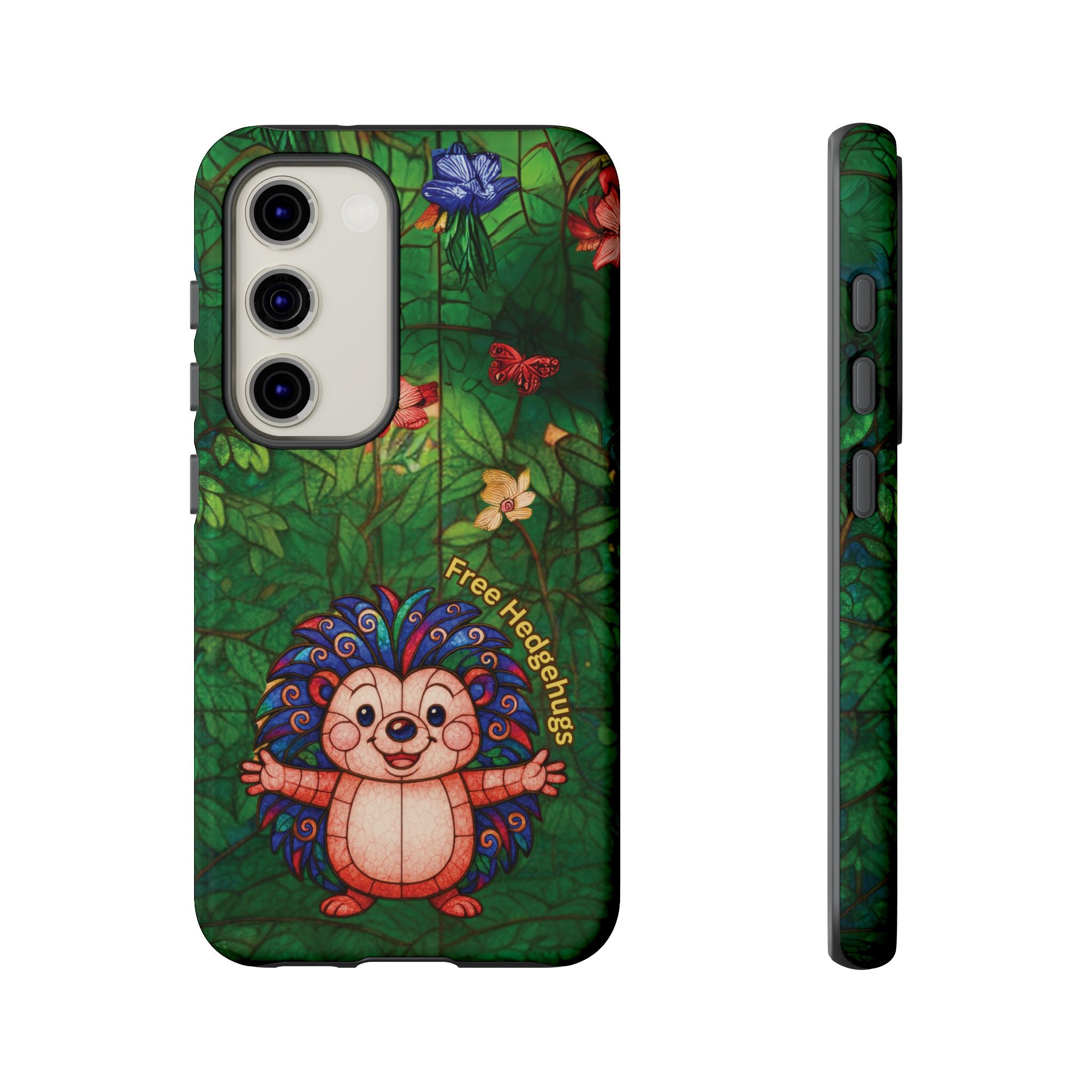 Stained Glass Hedgehog Phone Case – "Free Hedgehugs" Floral Design