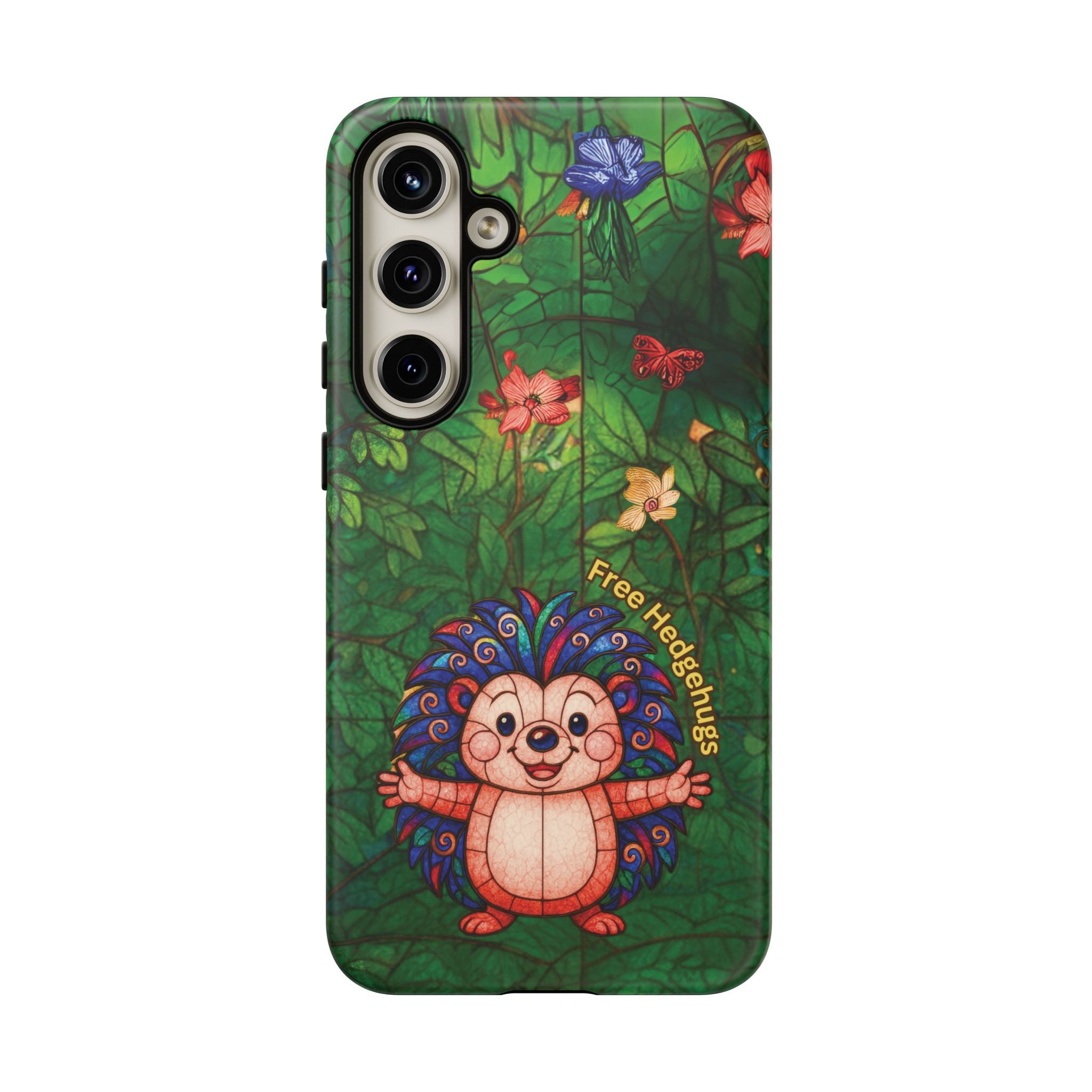Stained Glass Hedgehog Phone Case – "Free Hedgehugs" Floral Design