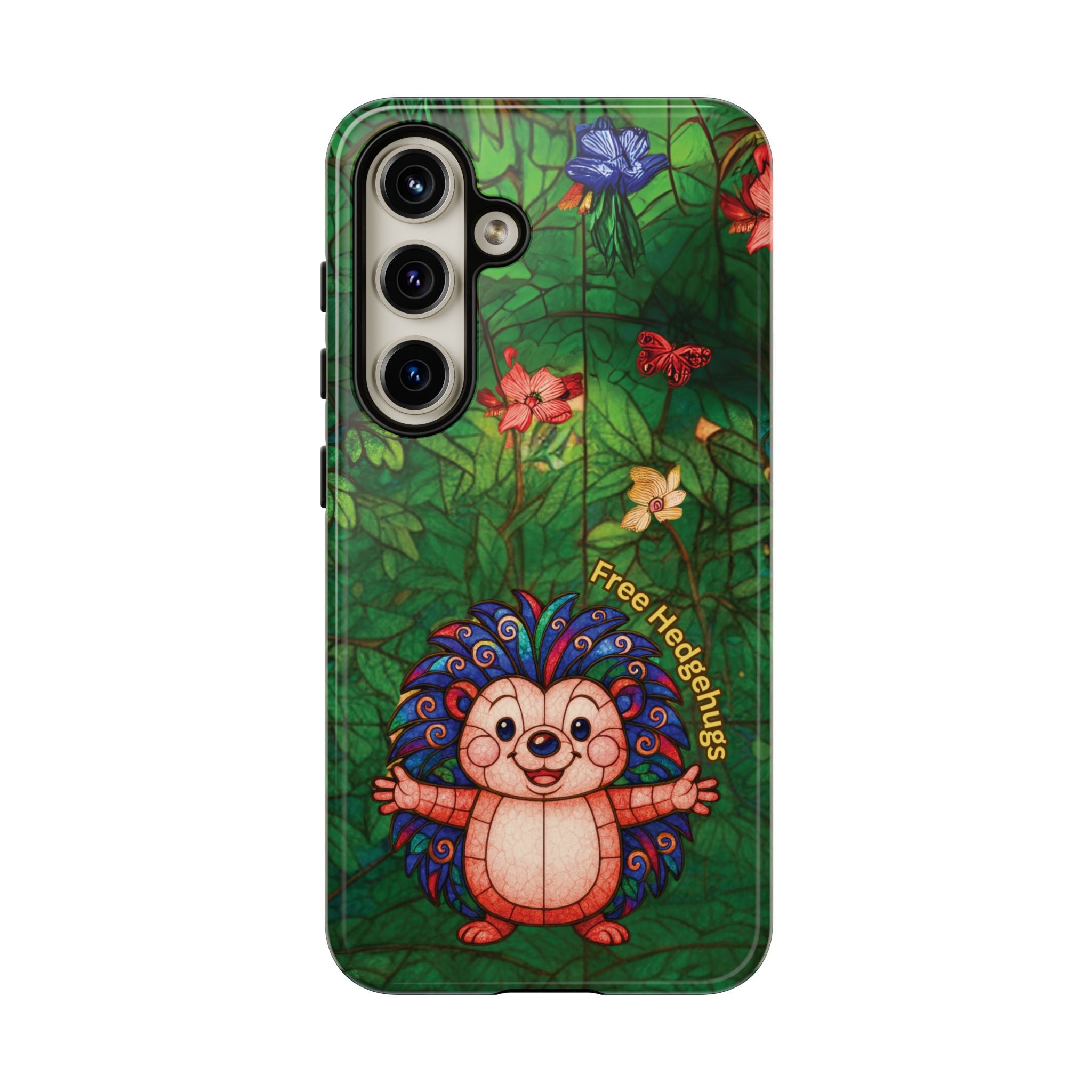 Stained Glass Hedgehog Phone Case – "Free Hedgehugs" Floral Design