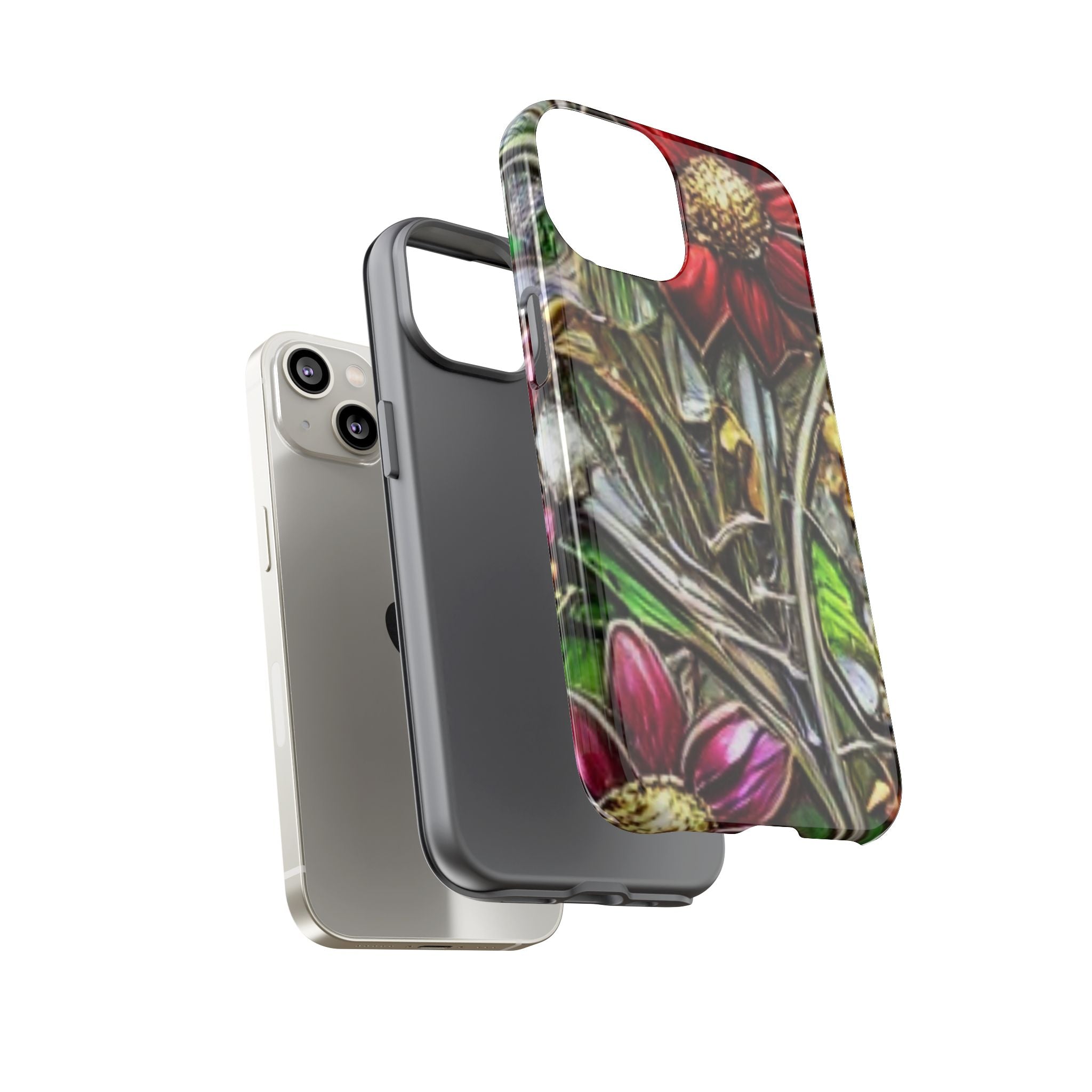 Floral Stained Glass Phone Case – Metallic Red & Purple Flower Design