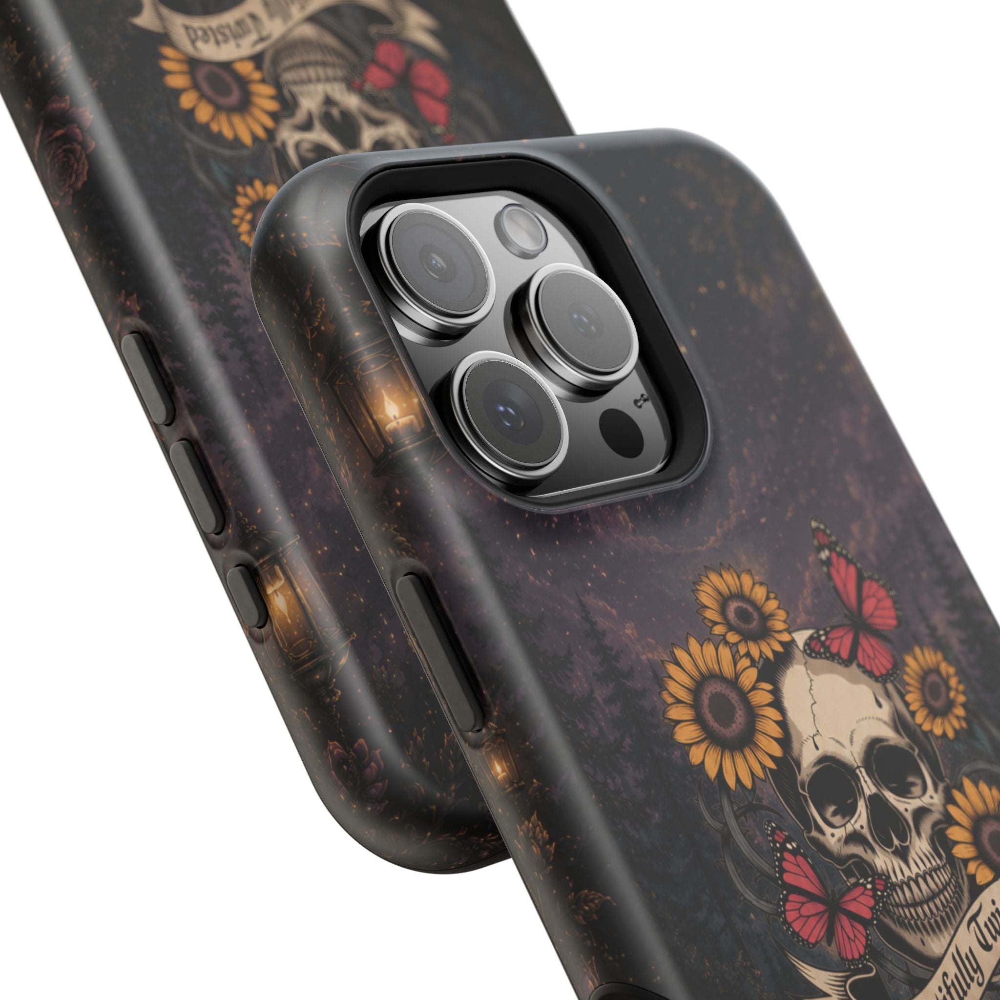 Skull, Sunflowers & Butterflies Phone Case – "Beautifully Twisted" MagSafe Cover