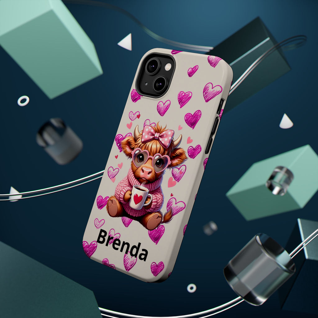 Highland Cow With Pink Hearts iPhone Case, Valentines Magnetic Impact-Resistant Case