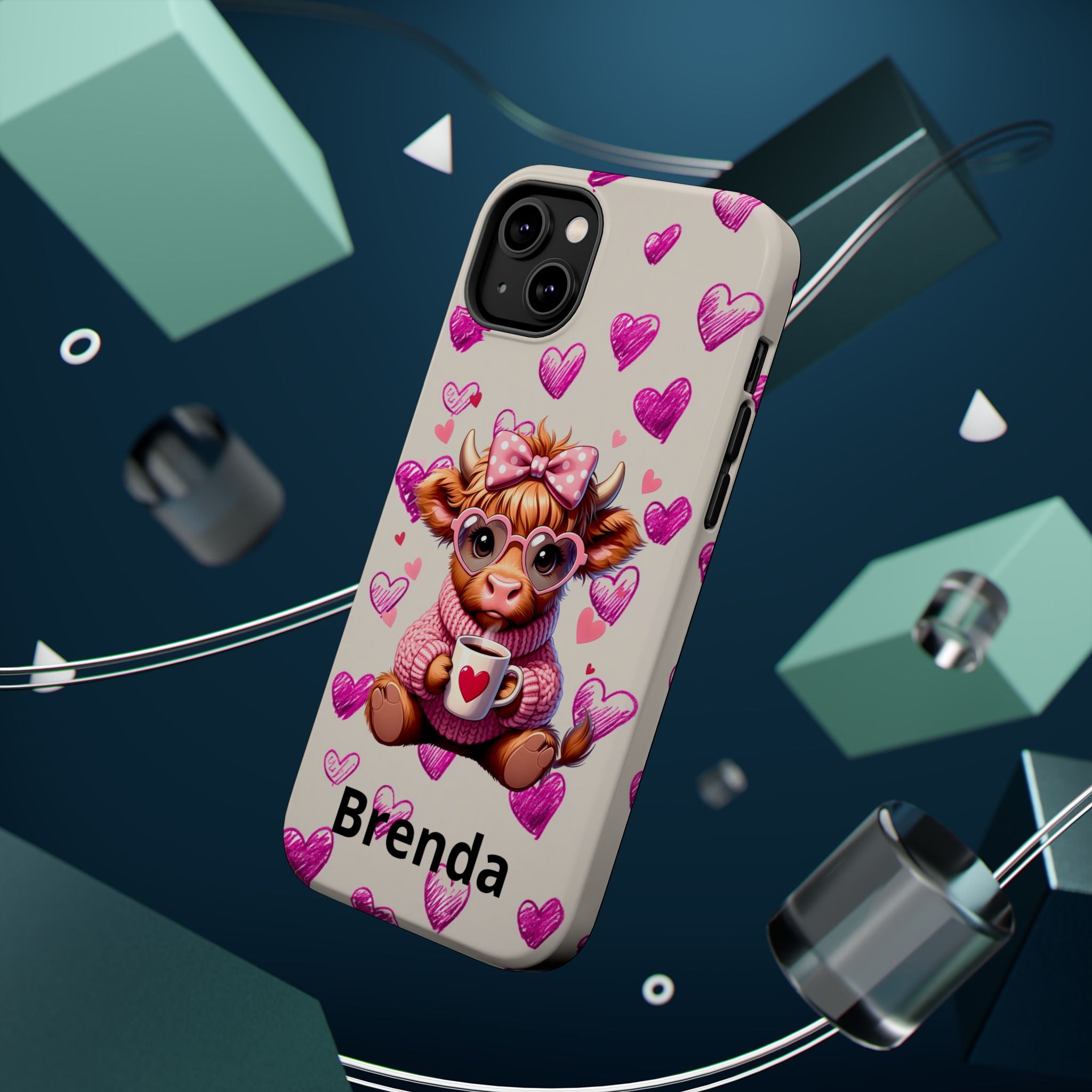Highland Cow With Pink Hearts iPhone Case, Valentines Magnetic Impact-Resistant Case